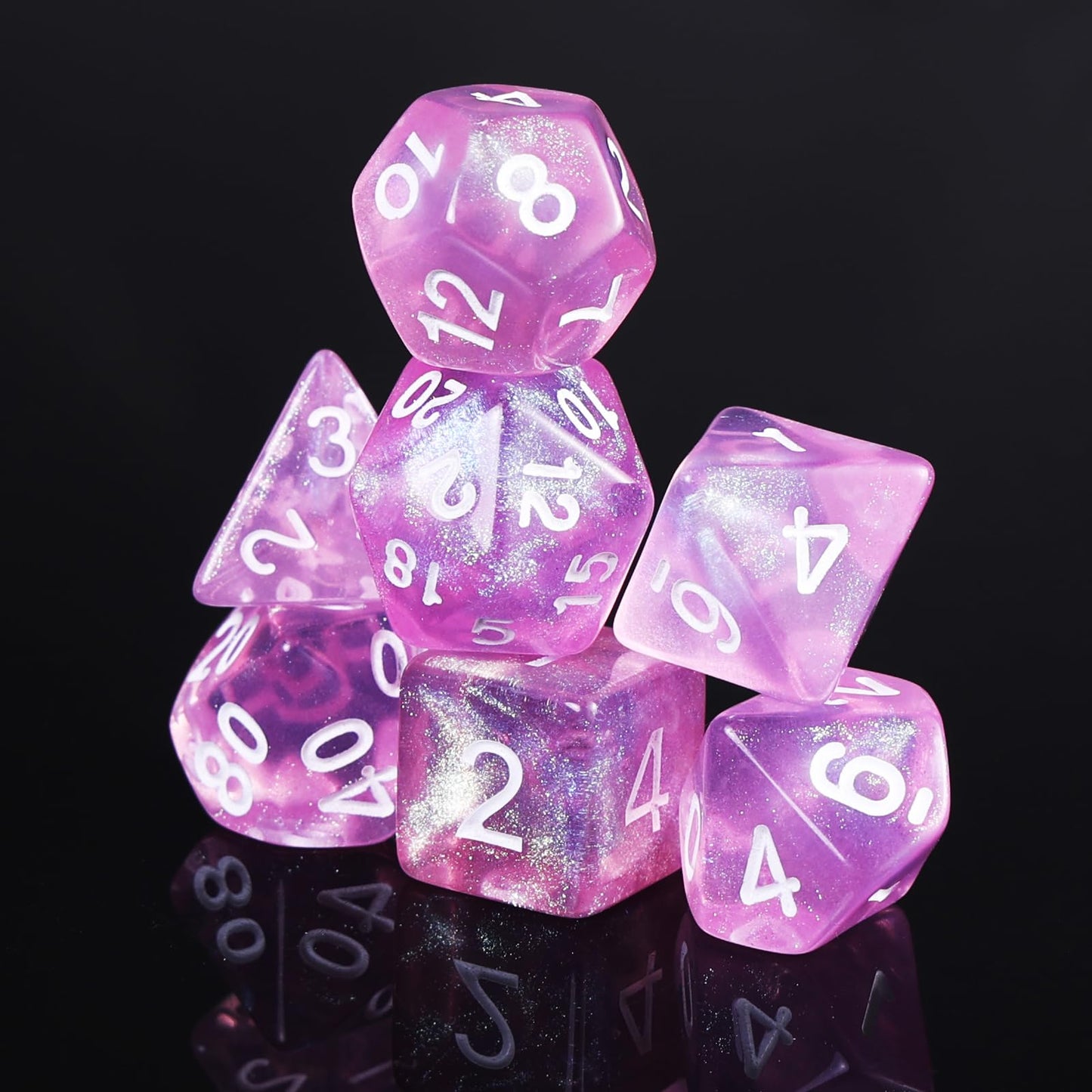 Handan Pink Transparent Glitter DND Dice Set – 7-Piece Polyhedral RPG Dice