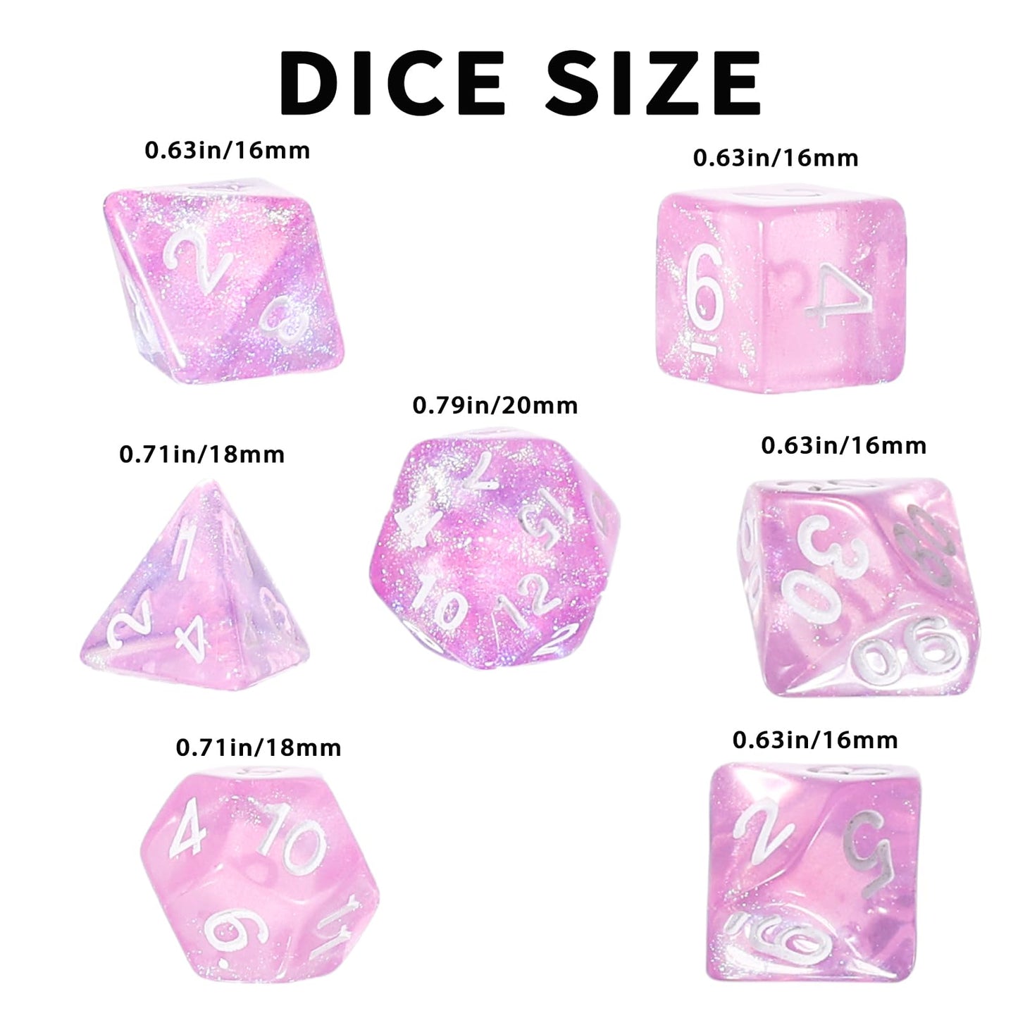 Handan Pink Transparent Glitter DND Dice Set – 7-Piece Polyhedral RPG Dice