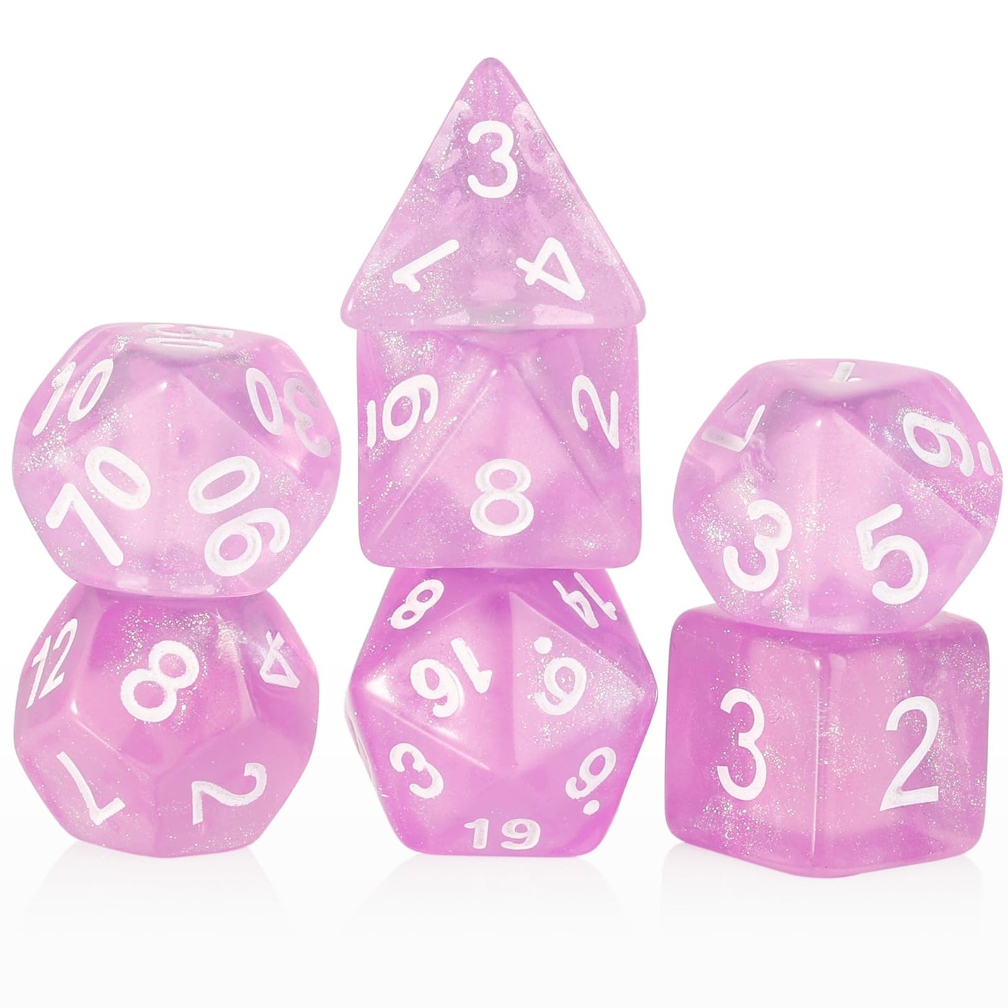 Handan Pink Transparent Glitter DND Dice Set – 7-Piece Polyhedral RPG Dice