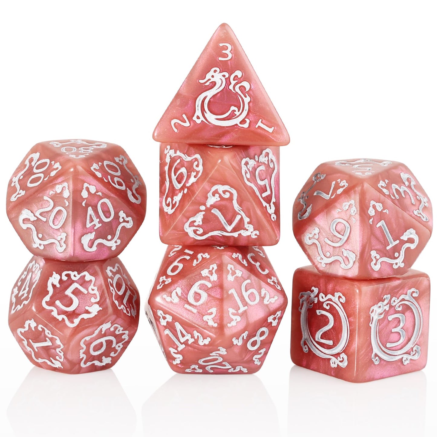 Handan DND Dice Set - 7 Polyhedral Acrylic Dice with Gold Dragon Design (Pinkish Brown)