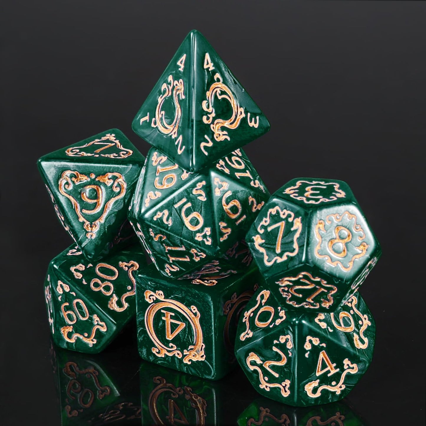 Handan DND Dice Set - 7 Polyhedral Acrylic Dice with Green Pearl & Gold Dragon Design