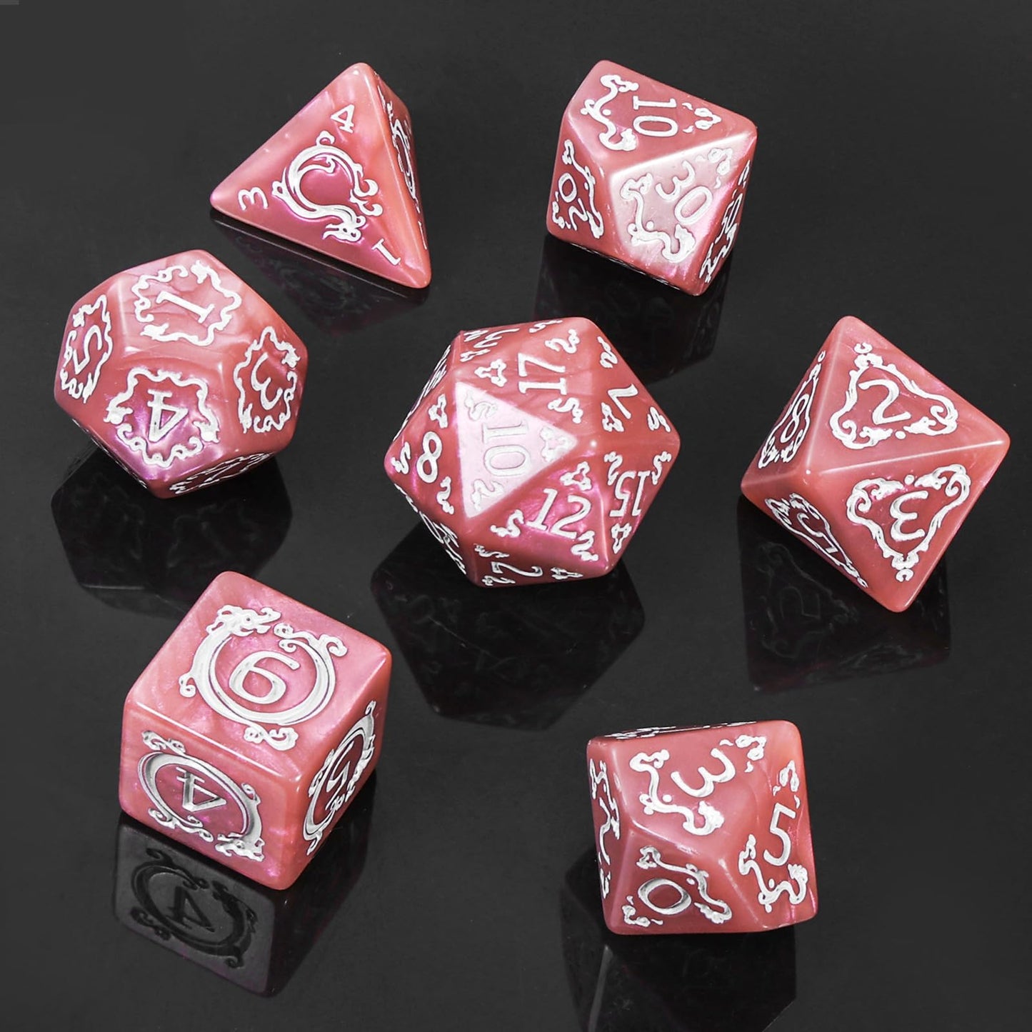 Handan DND Dice Set - 7 Polyhedral Acrylic Dice with Gold Dragon Design (Pinkish Brown)