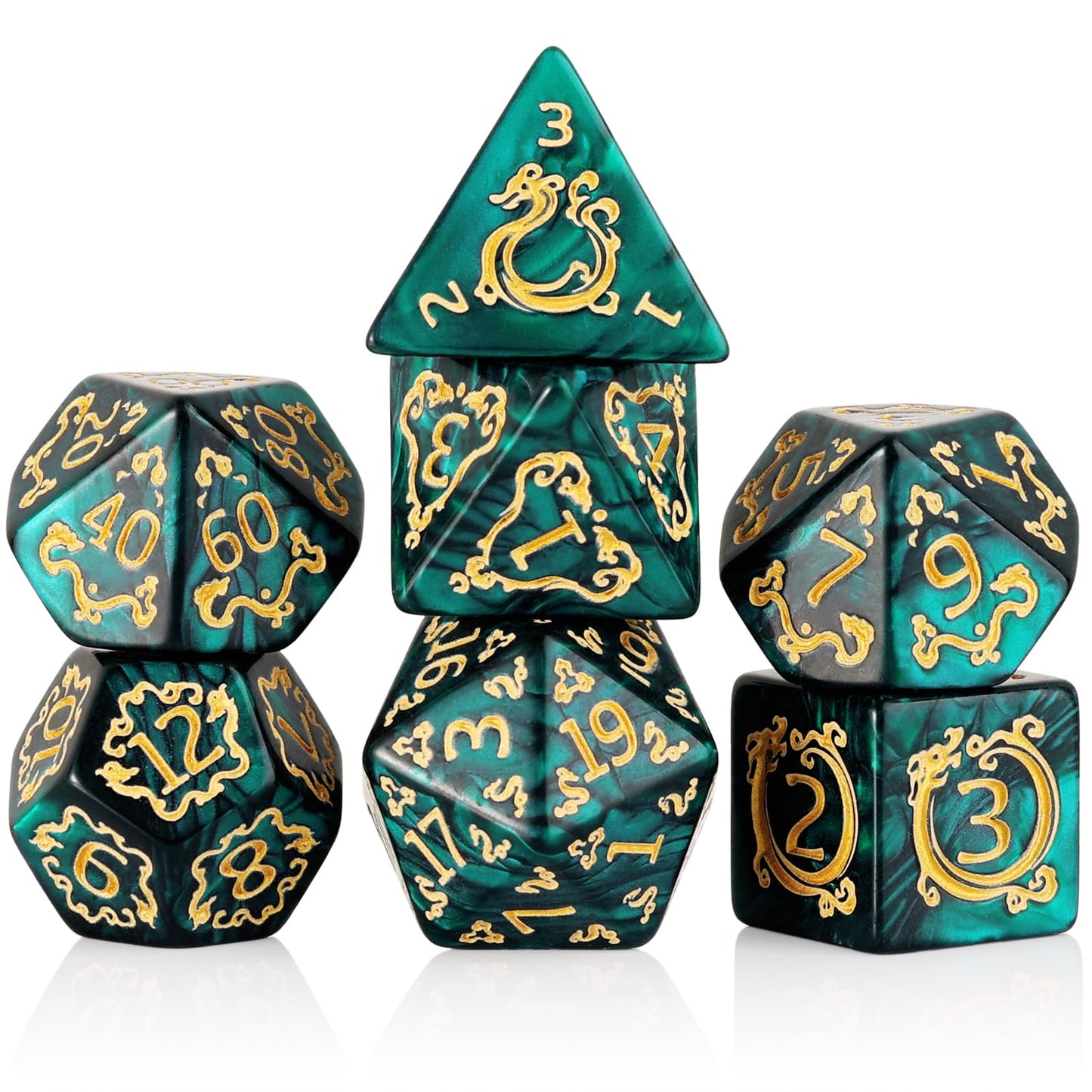 Handan DND Dice Set - 7 Polyhedral Acrylic Dice with Green Pearl & Gold Dragon Design