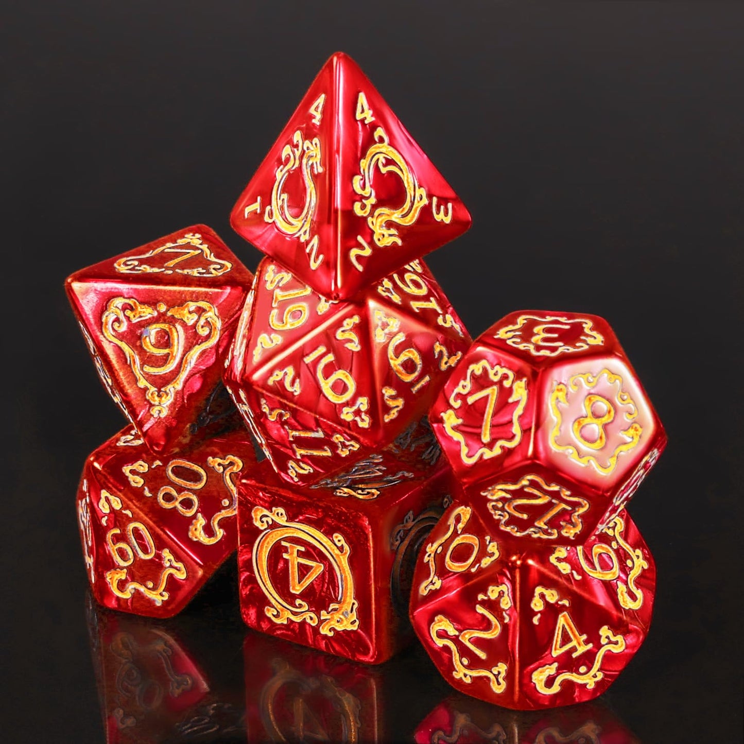 Handan DND Dice Set – 7 Polyhedral Acrylic Dice with Red Pearl & Gold Dragon Design | RPG Dice