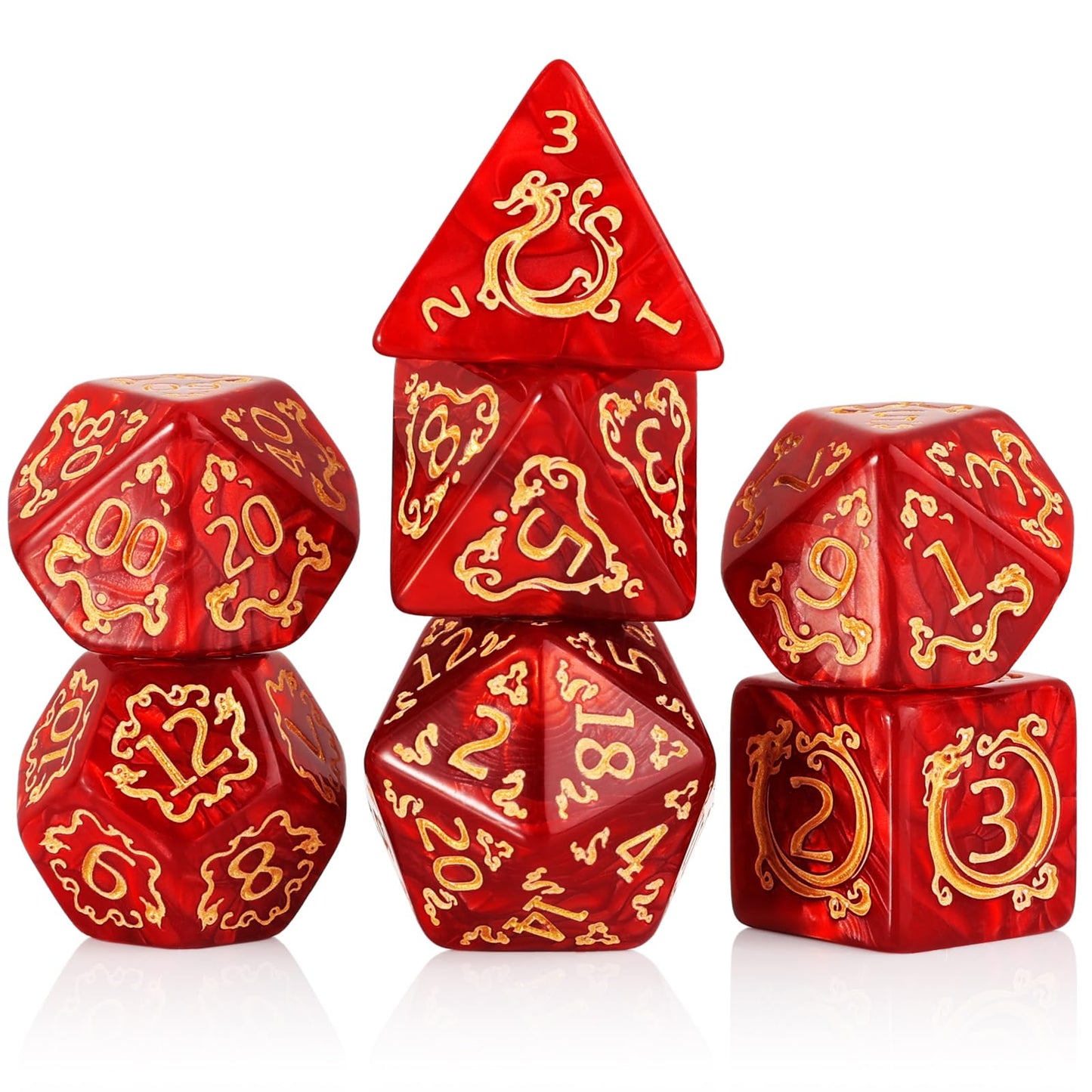 Handan DND Dice Set – 7 Polyhedral Acrylic Dice with Red Pearl & Gold Dragon Design | RPG Dice