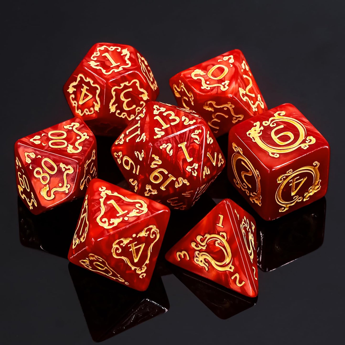 Handan DND Dice Set – 7 Polyhedral Acrylic Dice with Red Pearl & Gold Dragon Design | RPG Dice