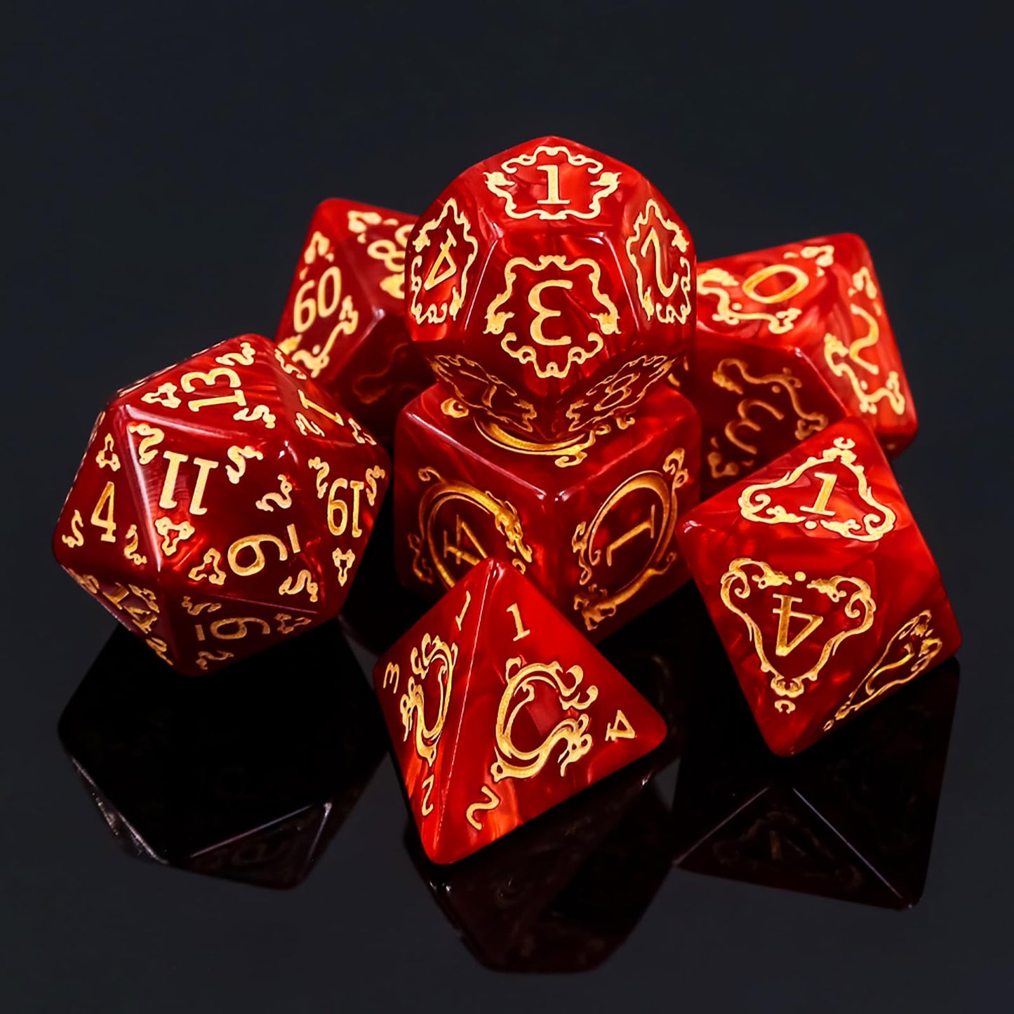 Handan DND Dice Set – 7 Polyhedral Acrylic Dice with Red Pearl & Gold Dragon Design | RPG Dice