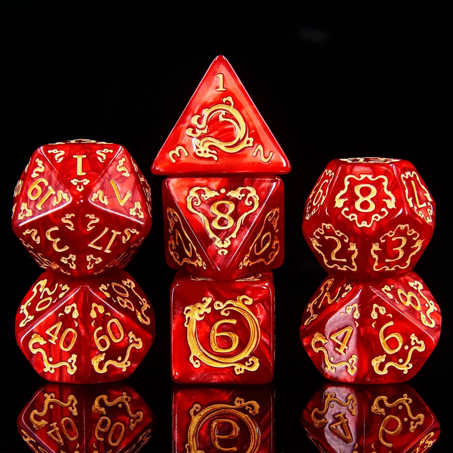 Handan DND Dice Set – 7 Polyhedral Acrylic Dice with Red Pearl & Gold Dragon Design | RPG Dice