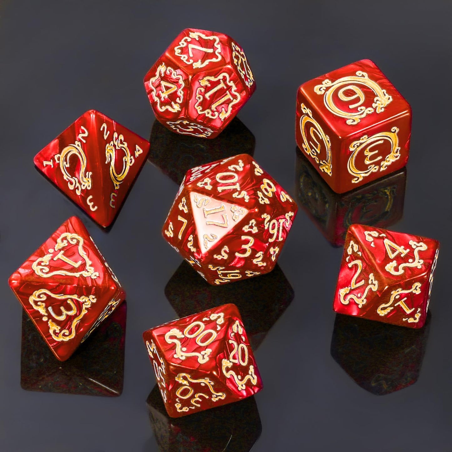 Handan DND Dice Set – 7 Polyhedral Acrylic Dice with Red Pearl & Gold Dragon Design | RPG Dice