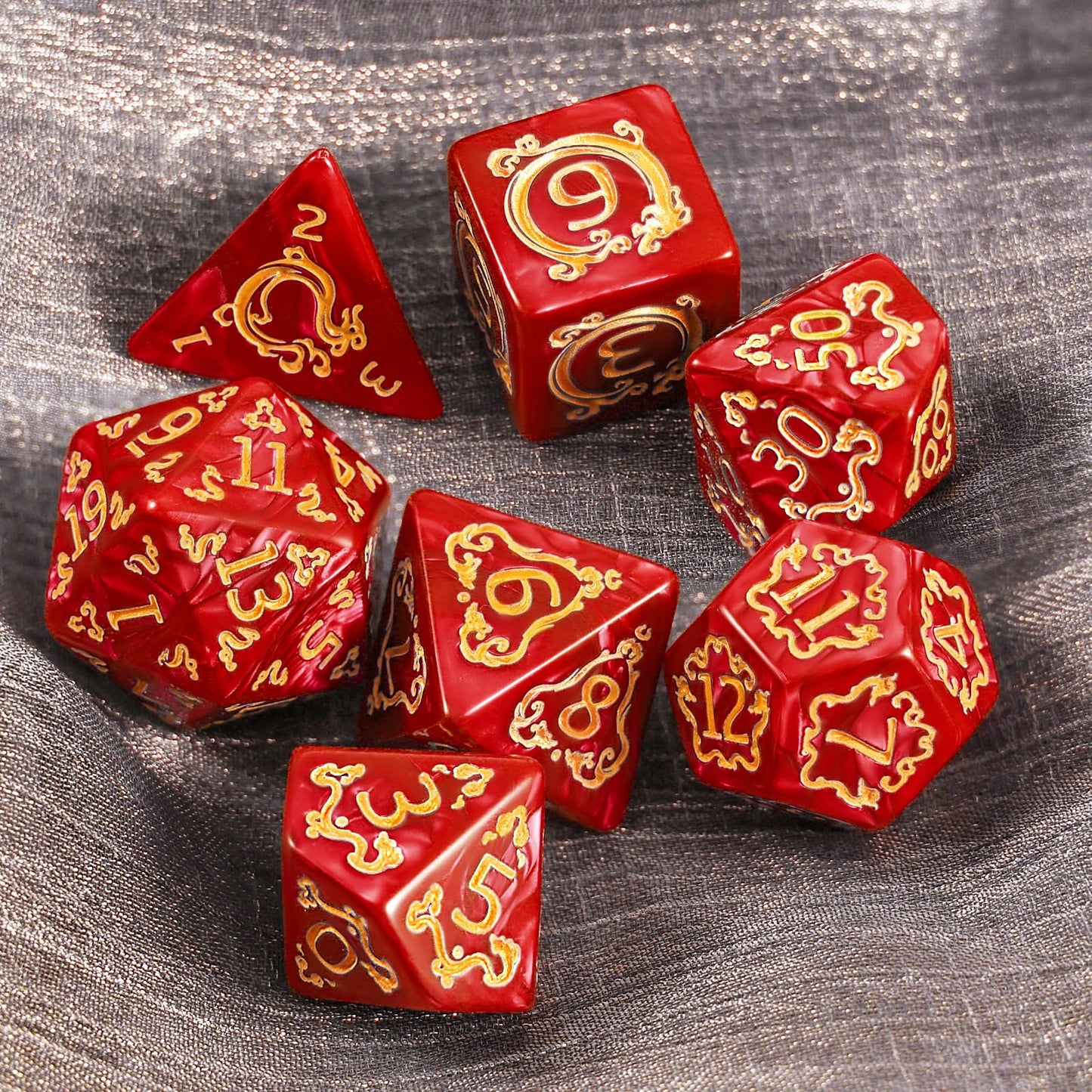 Handan DND Dice Set – 7 Polyhedral Acrylic Dice with Red Pearl & Gold Dragon Design | RPG Dice