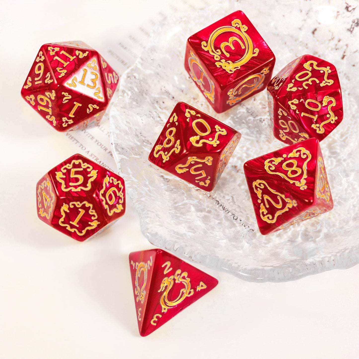 Handan DND Dice Set – 7 Polyhedral Acrylic Dice with Red Pearl & Gold Dragon Design | RPG Dice