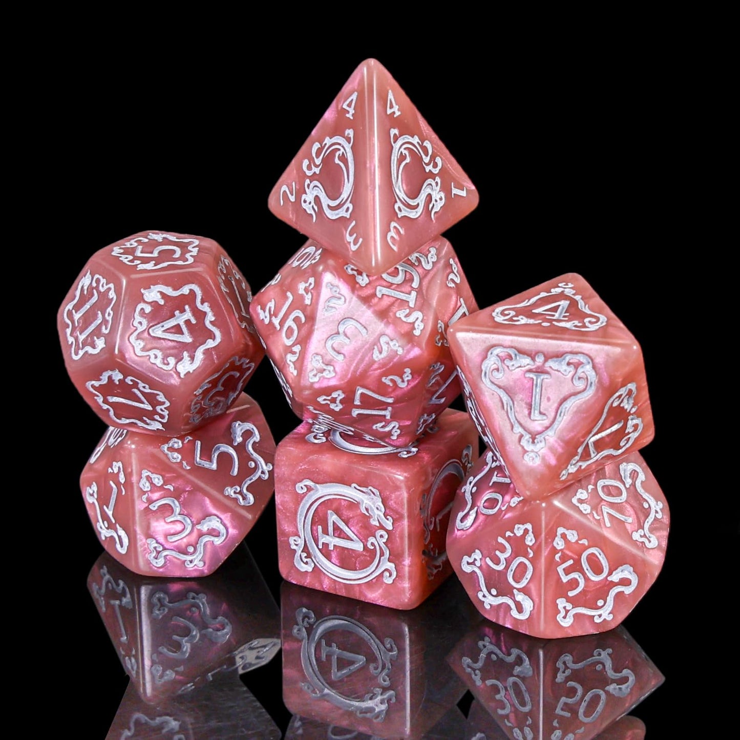 Handan DND Dice Set - 7 Polyhedral Acrylic Dice with Gold Dragon Design (Pinkish Brown)
