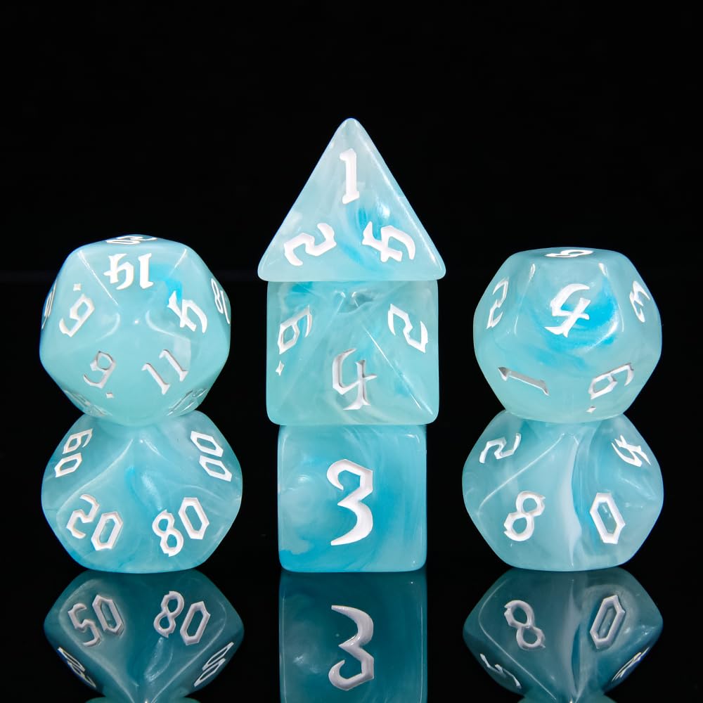 Handan 7-Piece Polyhedral DND Dice Set with White & Blue Swirls for RPG Tabletop