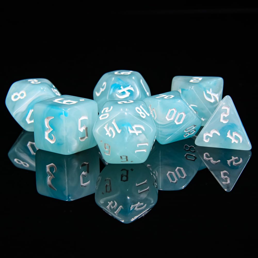 Handan 7-Piece Polyhedral DND Dice Set with White & Blue Swirls for RPG Tabletop