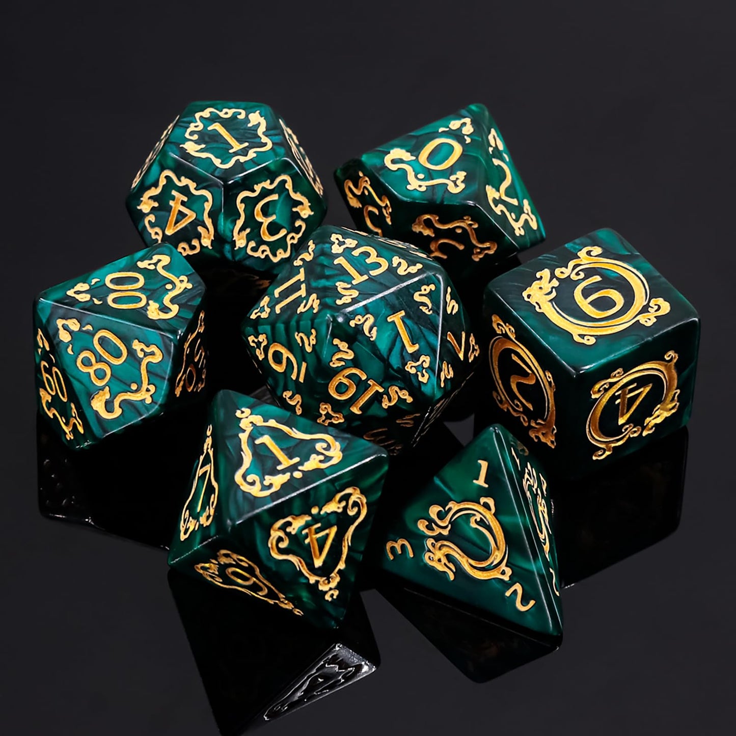 Handan DND Dice Set - 7 Polyhedral Acrylic Dice with Green Pearl & Gold Dragon Design