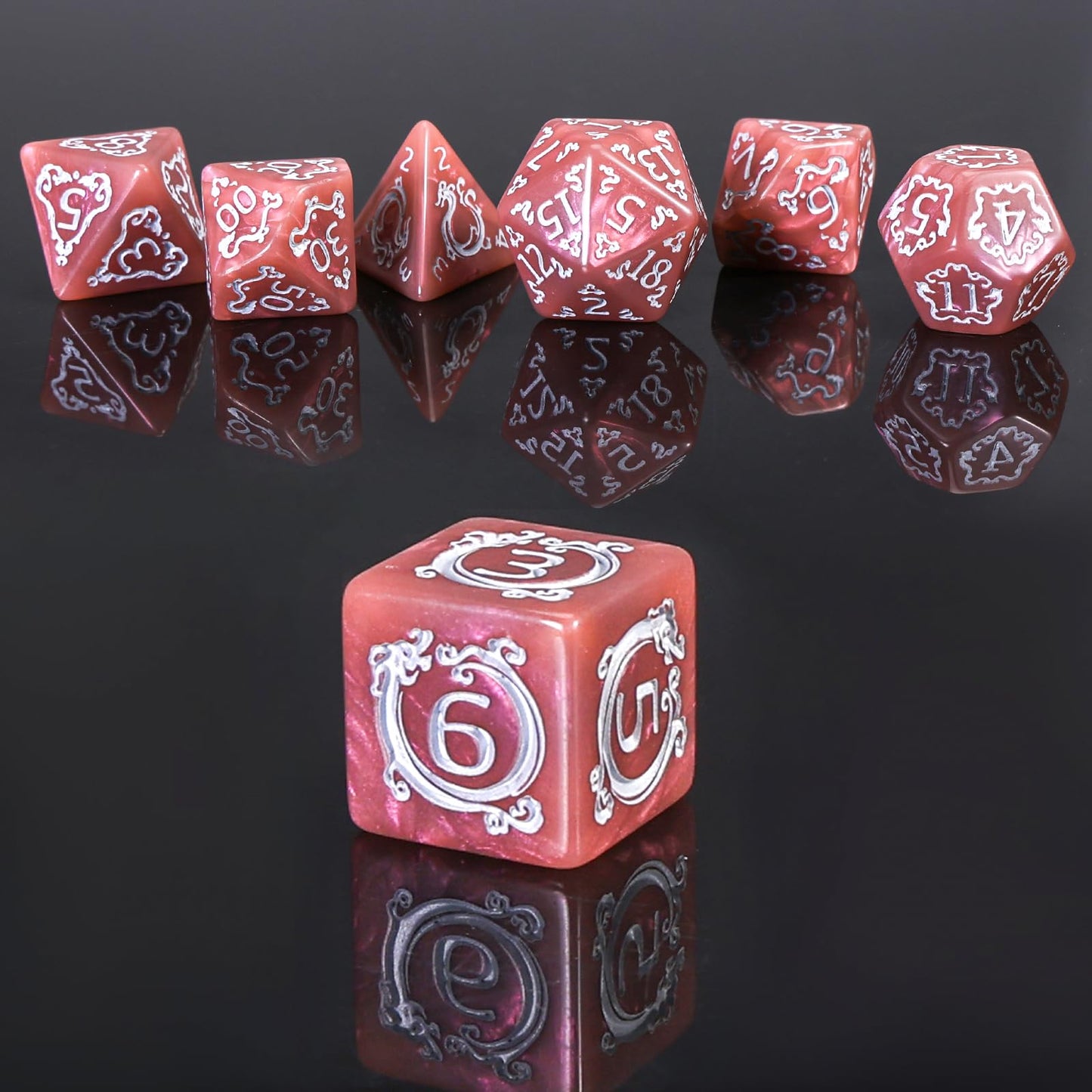 Handan DND Dice Set - 7 Polyhedral Acrylic Dice with Gold Dragon Design (Pinkish Brown)