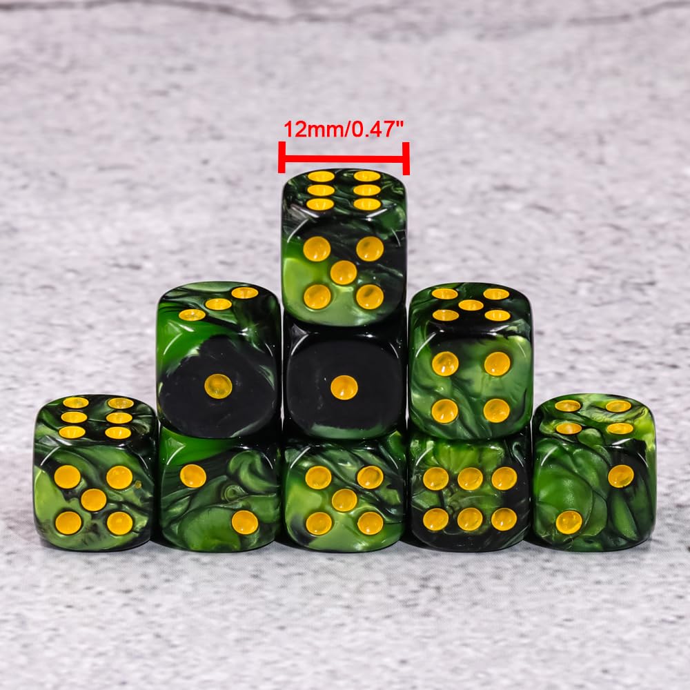 Handan 36‑Dice Pack: 12mm MINI D6 Set in Grass Green & Black with Portable Box