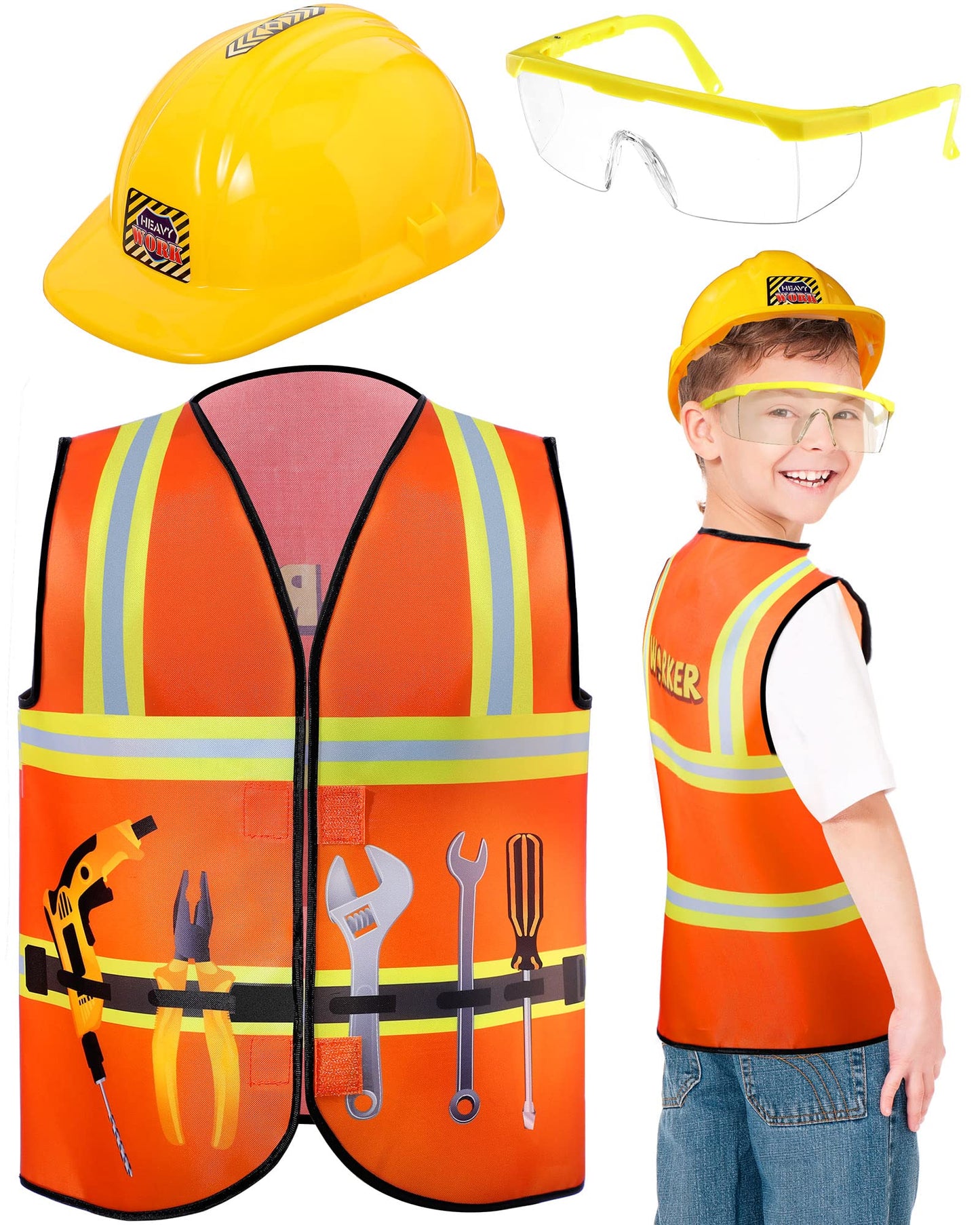 Handepo Construction Worker Costume for Kids – Vest, Helmet & Goggles Set