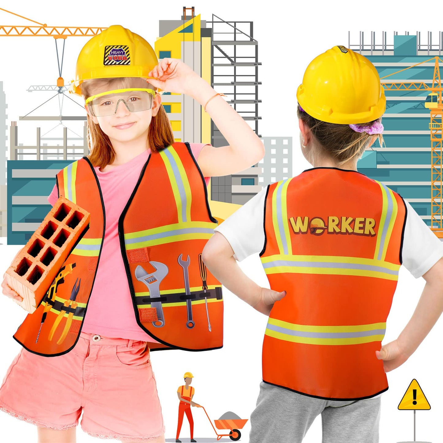 Handepo Construction Worker Costume for Kids – Vest, Helmet & Goggles Set