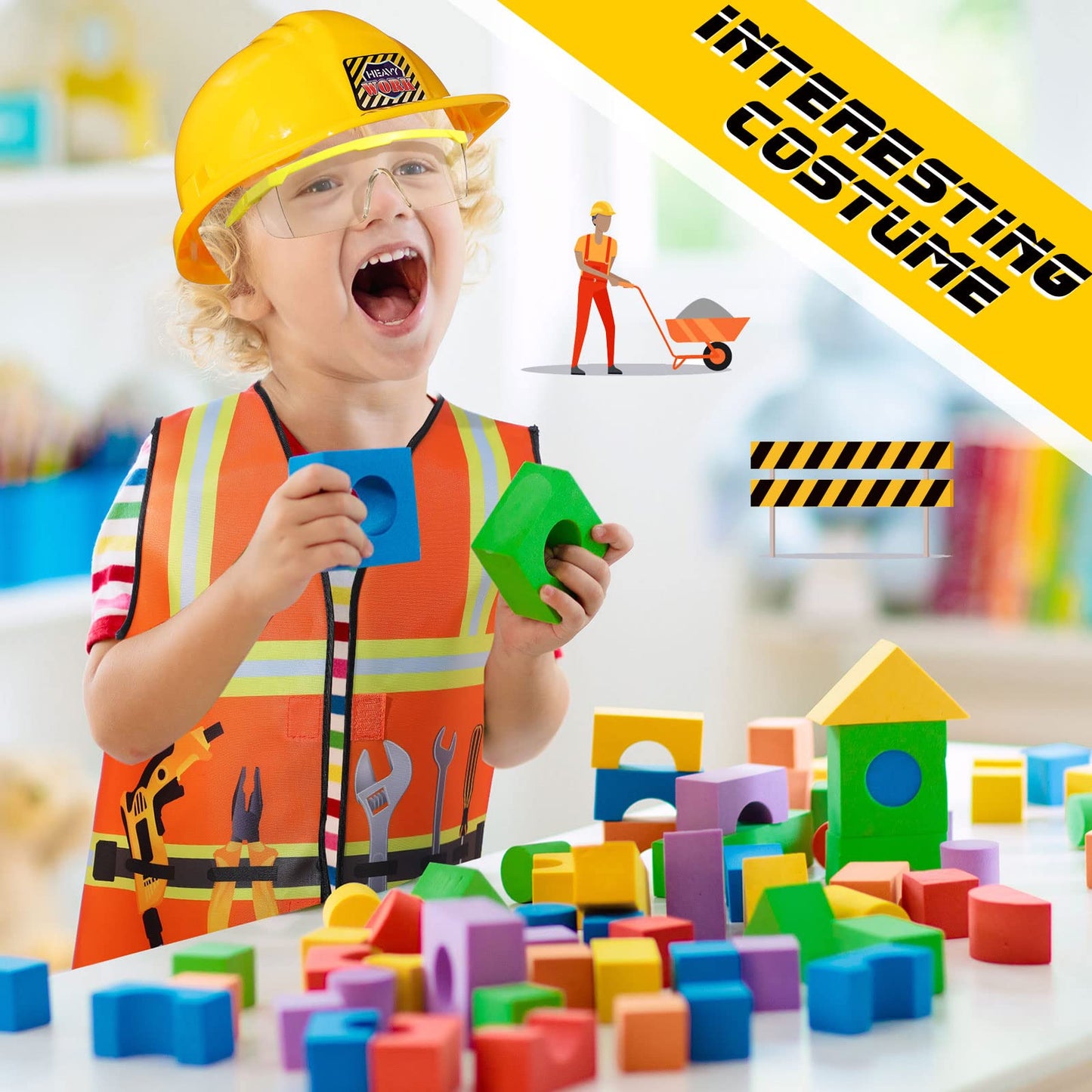 Handepo Construction Worker Costume for Kids – Vest, Helmet & Goggles Set