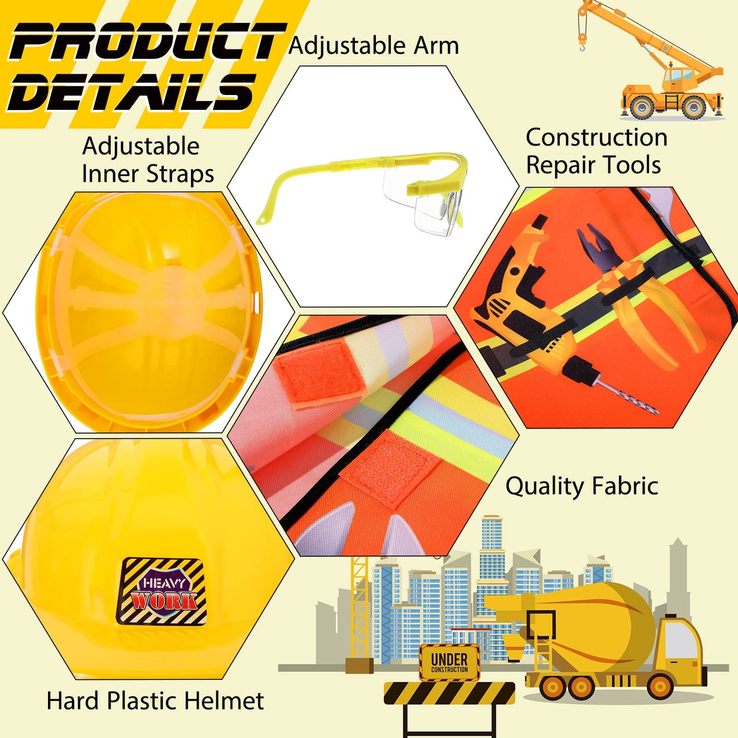 Handepo Construction Worker Costume for Kids – Vest, Helmet & Goggles Set