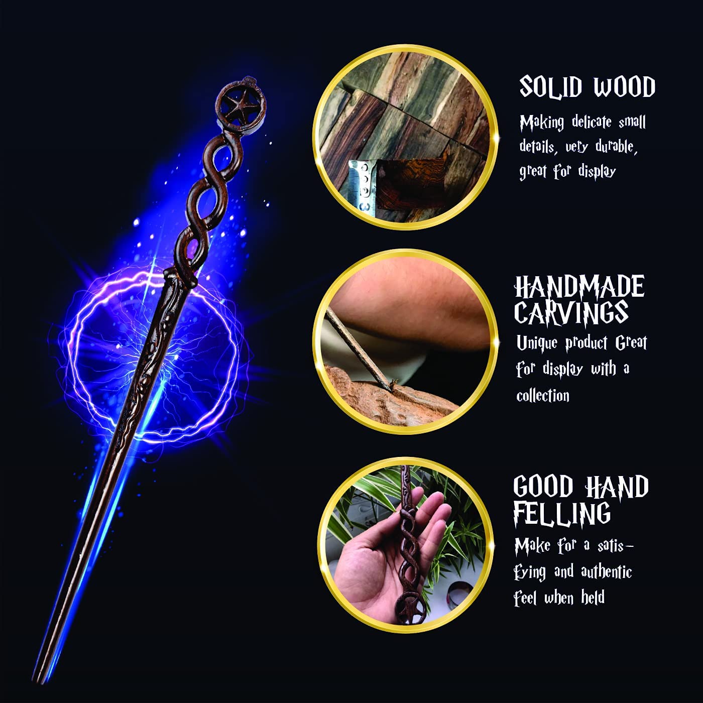 Handicraftviet Hand Carved Wood Magic Wand – 15-Inch Star Wand for Halloween & Cosplay