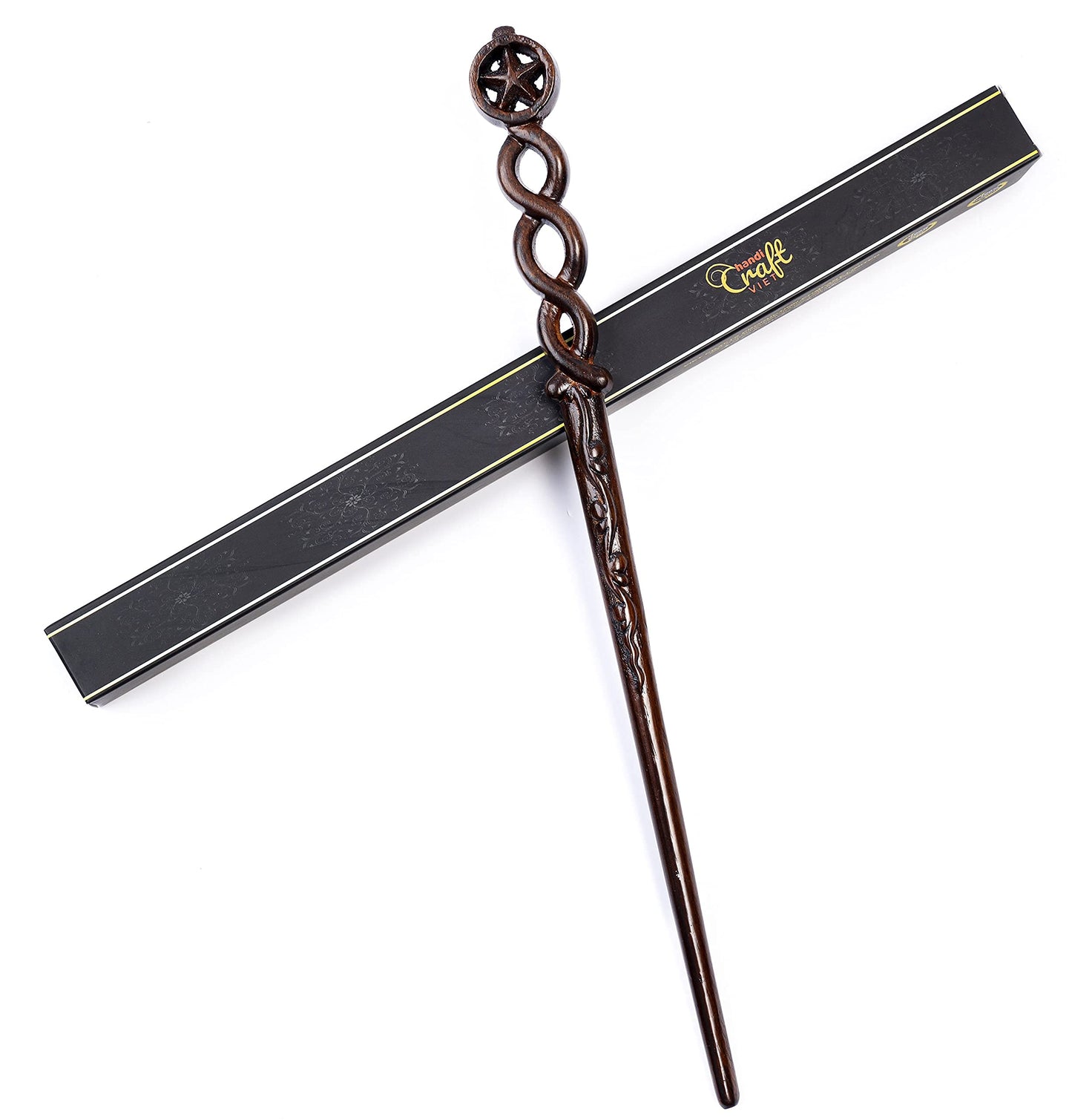 Handicraftviet Hand Carved Wood Magic Wand – 15-Inch Star Wand for Halloween & Cosplay