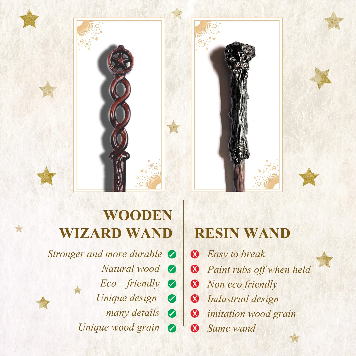 Handicraftviet Hand Carved Wood Magic Wand – 15-Inch Star Wand for Halloween & Cosplay