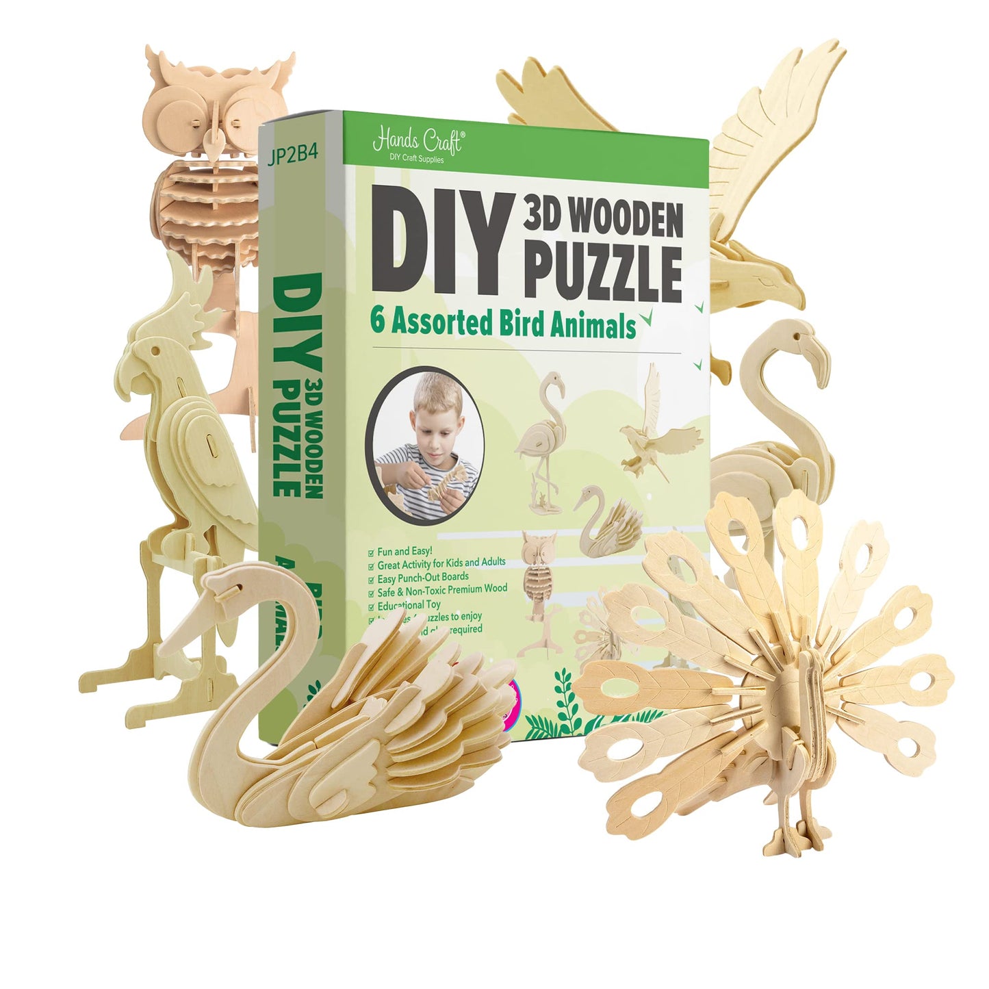 Hands Craft DIY 3D Bird Puzzle Bundle – 6 Puzzles, Safe Plywood, Easy Punch-Out