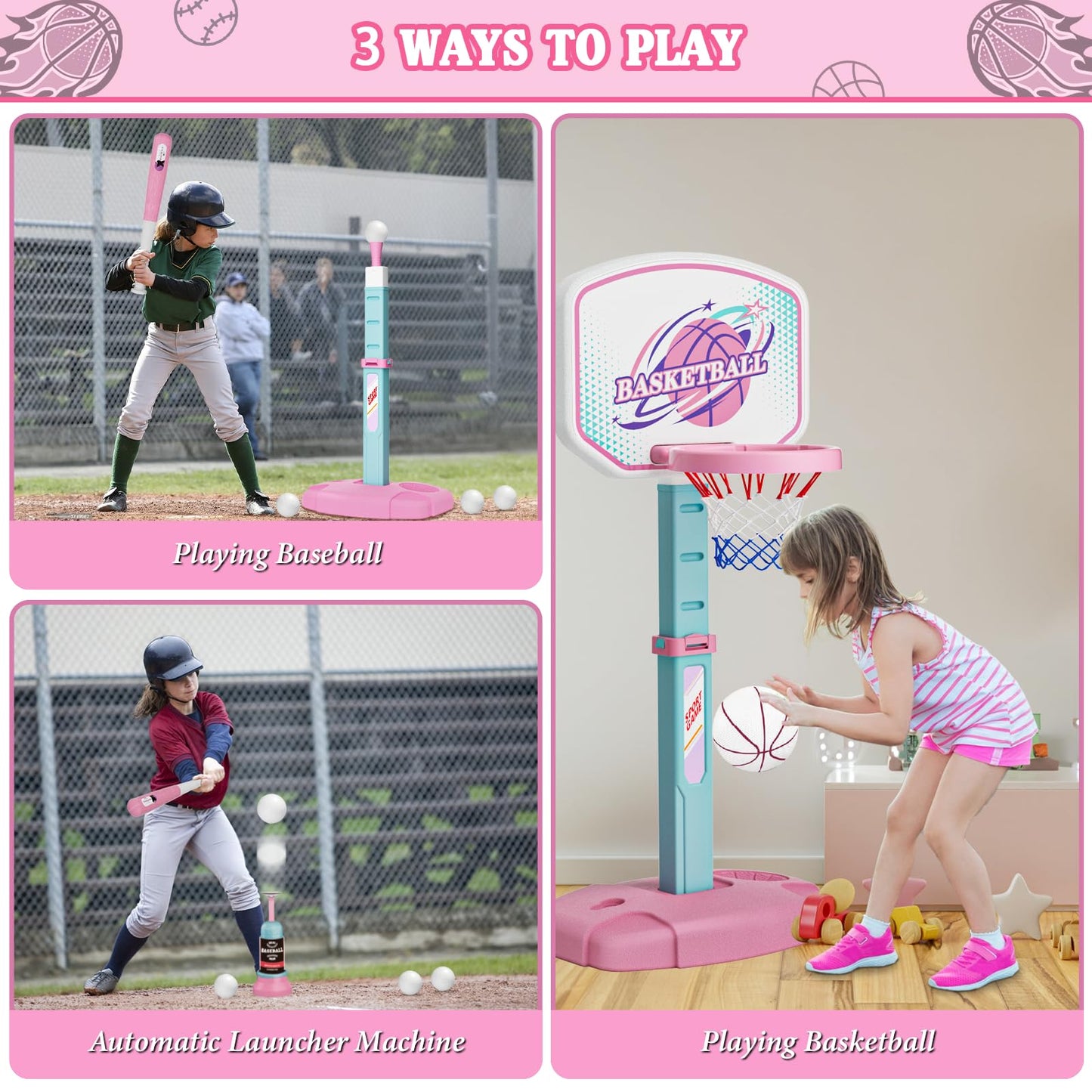 Handwell 3-in-1 Basketball Hoop and Tee Ball Set for Girls – Adjustable Height, Indoor & Outdoor Play