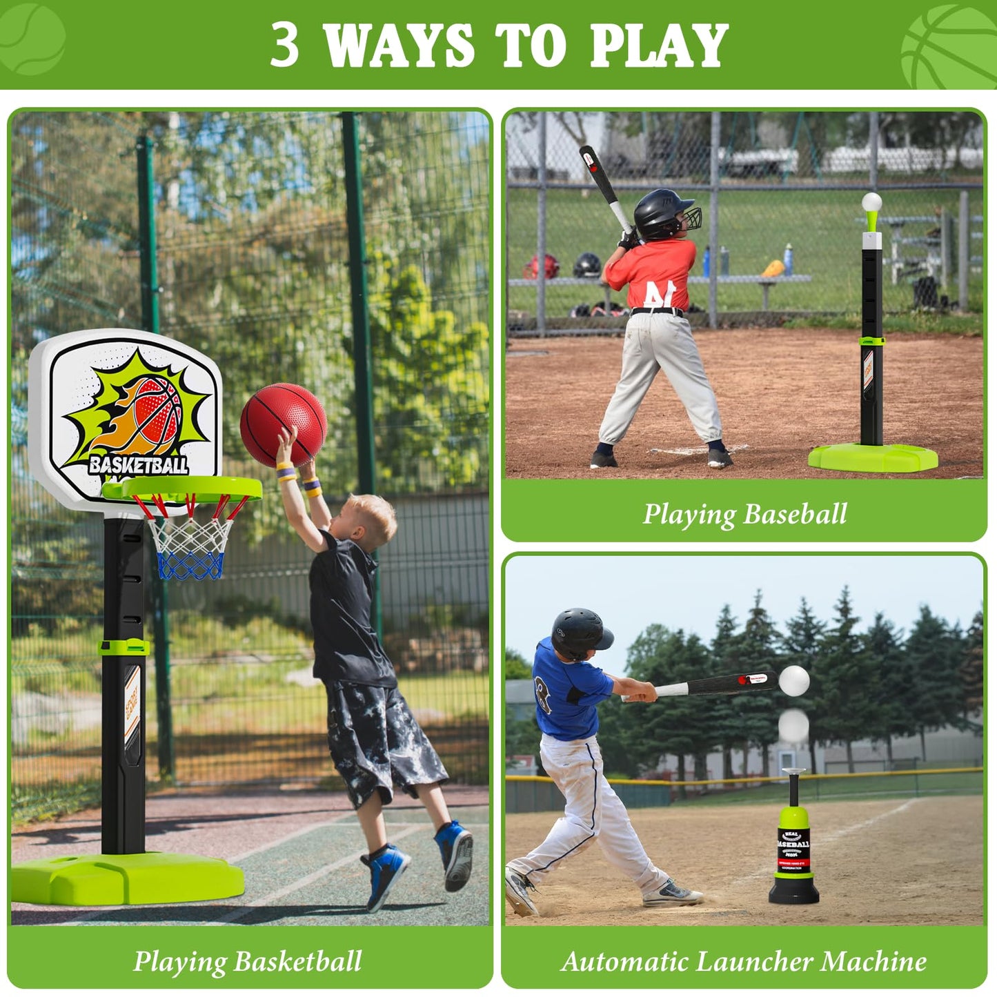 Handwell 3-in-1 Toddler Basketball Hoop & Tee Ball Set – Adjustable Indoor Outdoor Play for Ages 3-12
