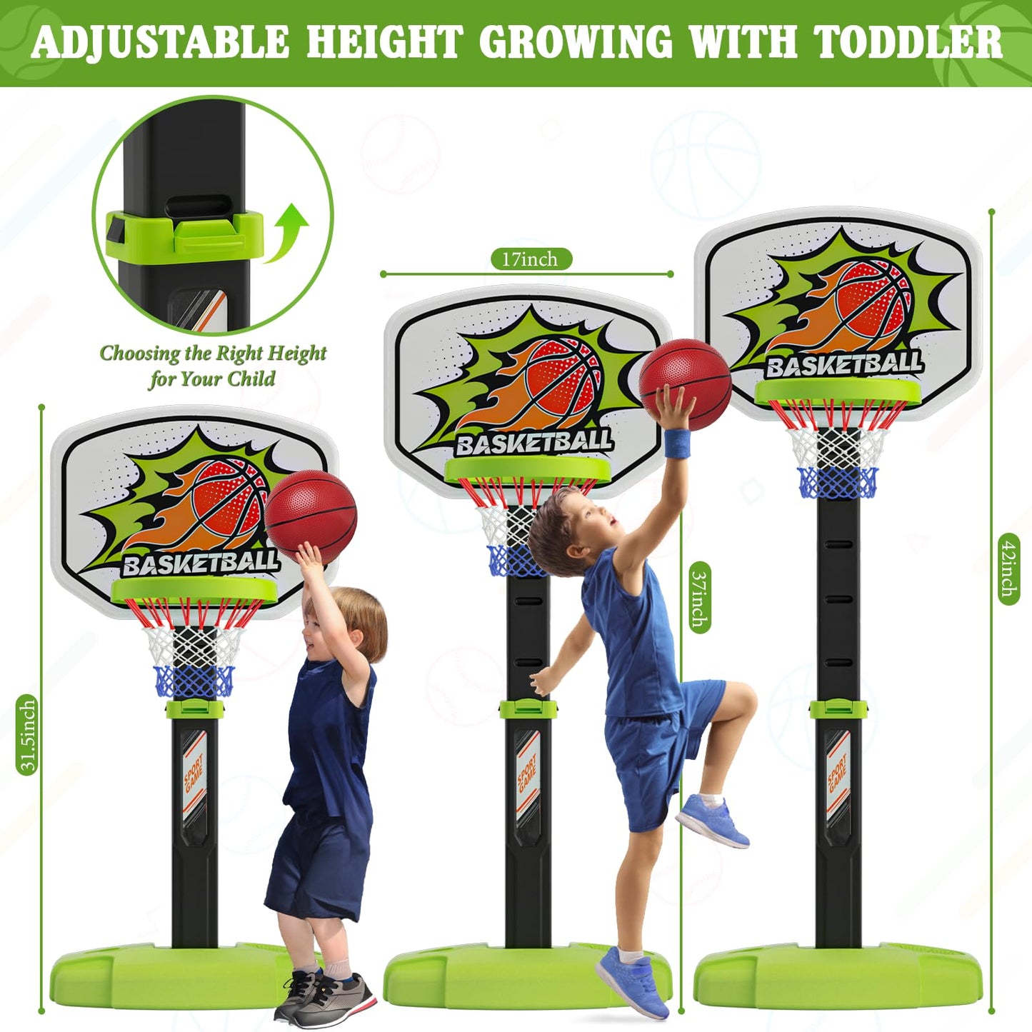 Handwell 3-in-1 Toddler Basketball Hoop & Tee Ball Set – Adjustable Indoor Outdoor Play for Ages 3-12