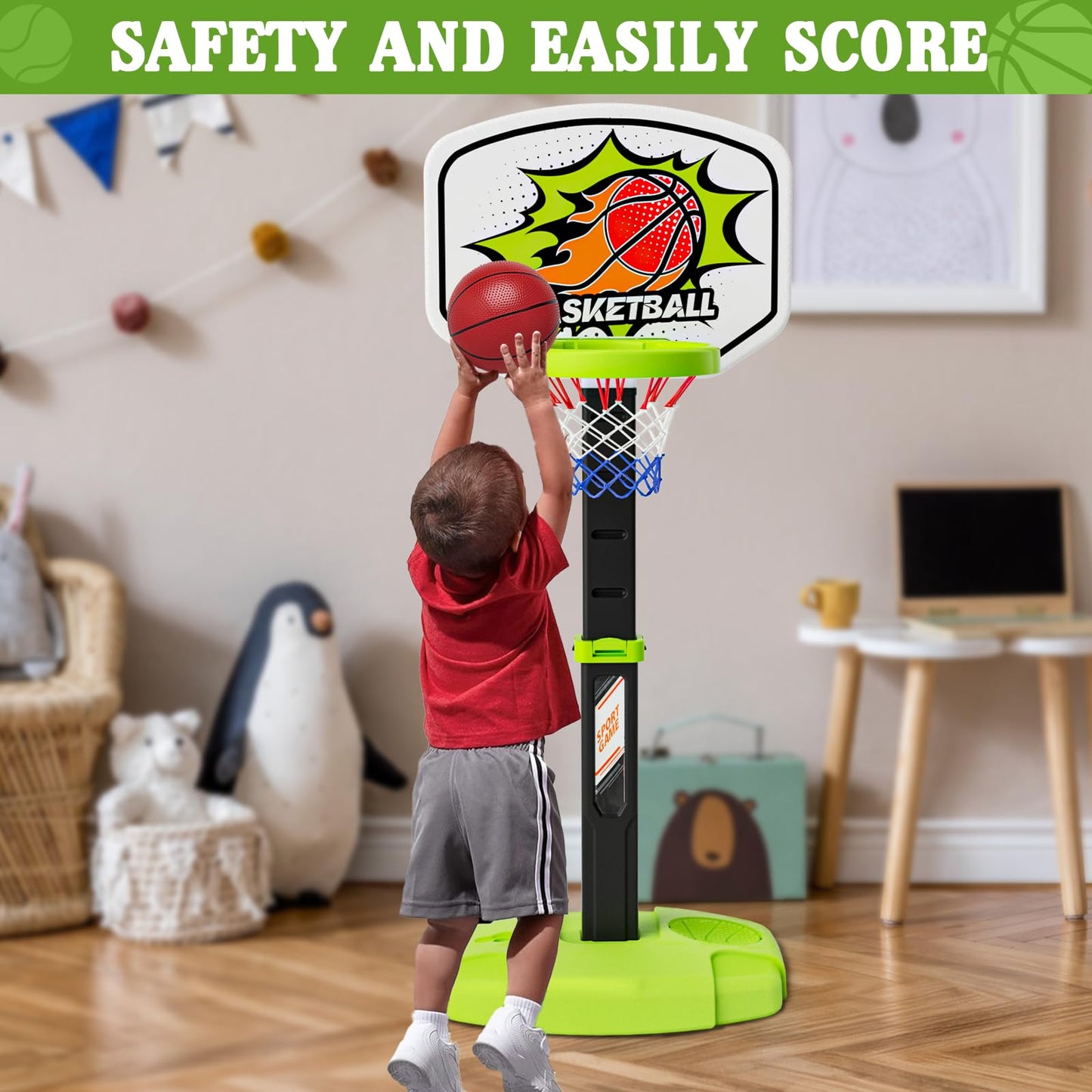 Handwell 3-in-1 Toddler Basketball Hoop & Tee Ball Set – Adjustable Indoor Outdoor Play for Ages 3-12