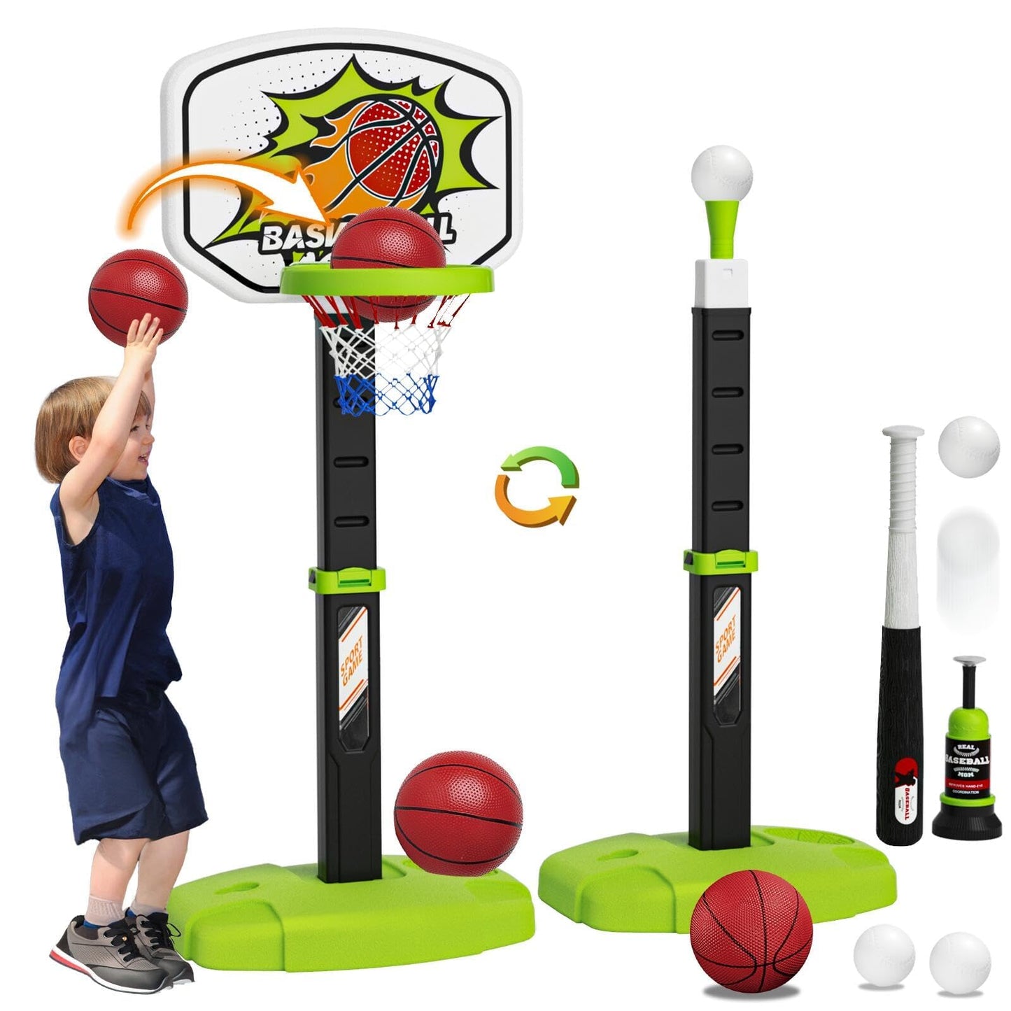 Handwell 3-in-1 Toddler Basketball Hoop & Tee Ball Set – Adjustable Indoor Outdoor Play for Ages 3-12