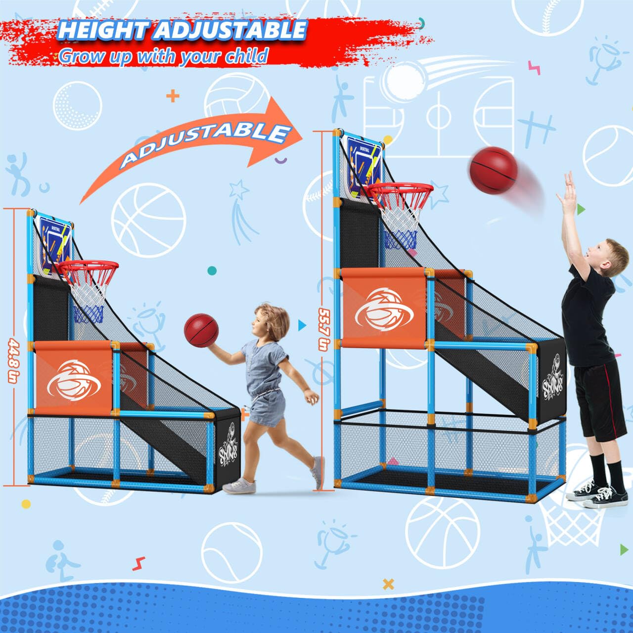 Handwell Arcade Basketball Game Set — Indoor/Outdoor Kids Hoop, 4 Balls, Adjustable Height