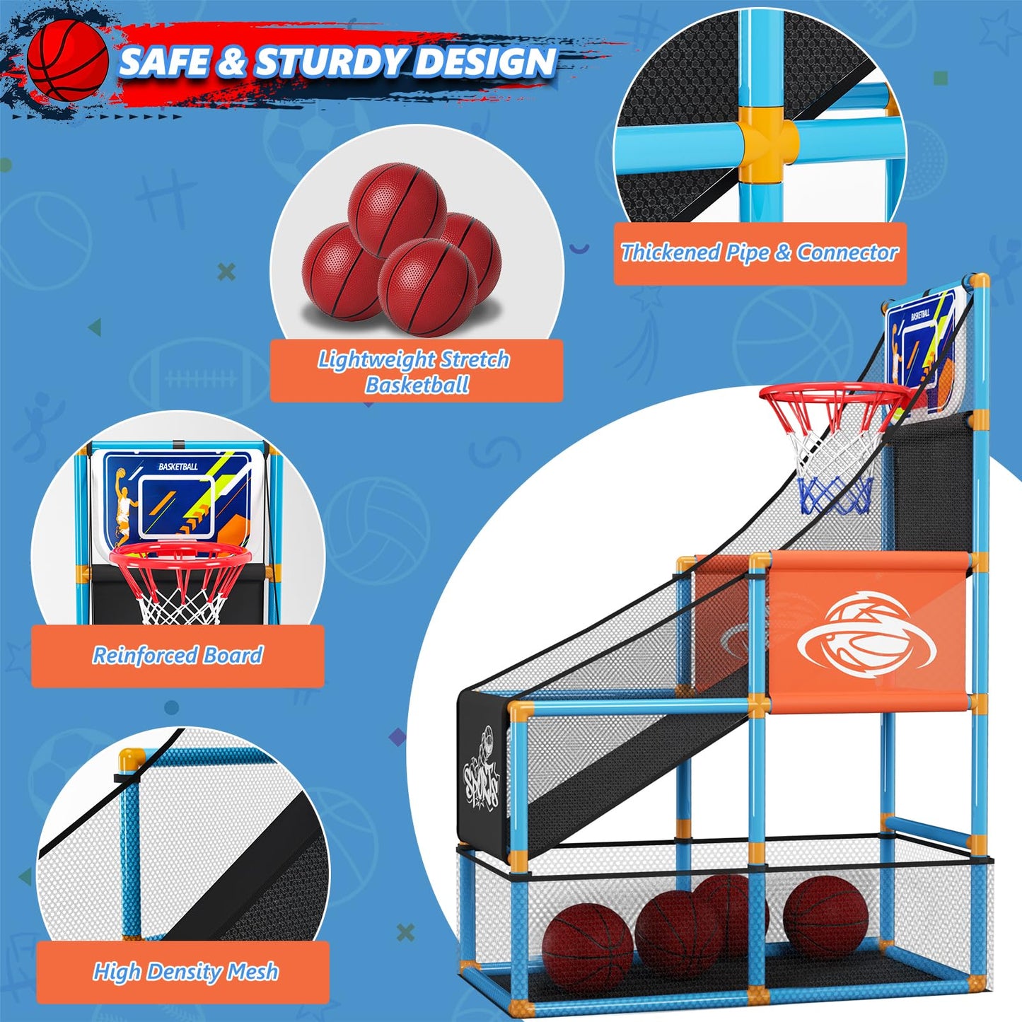Handwell Arcade Basketball Game Set — Indoor/Outdoor Kids Hoop, 4 Balls, Adjustable Height
