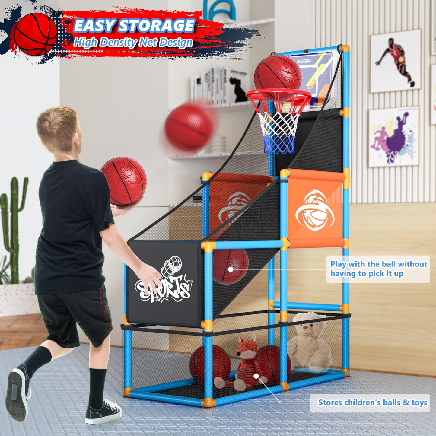 Handwell Arcade Basketball Game Set — Indoor/Outdoor Kids Hoop, 4 Balls, Adjustable Height