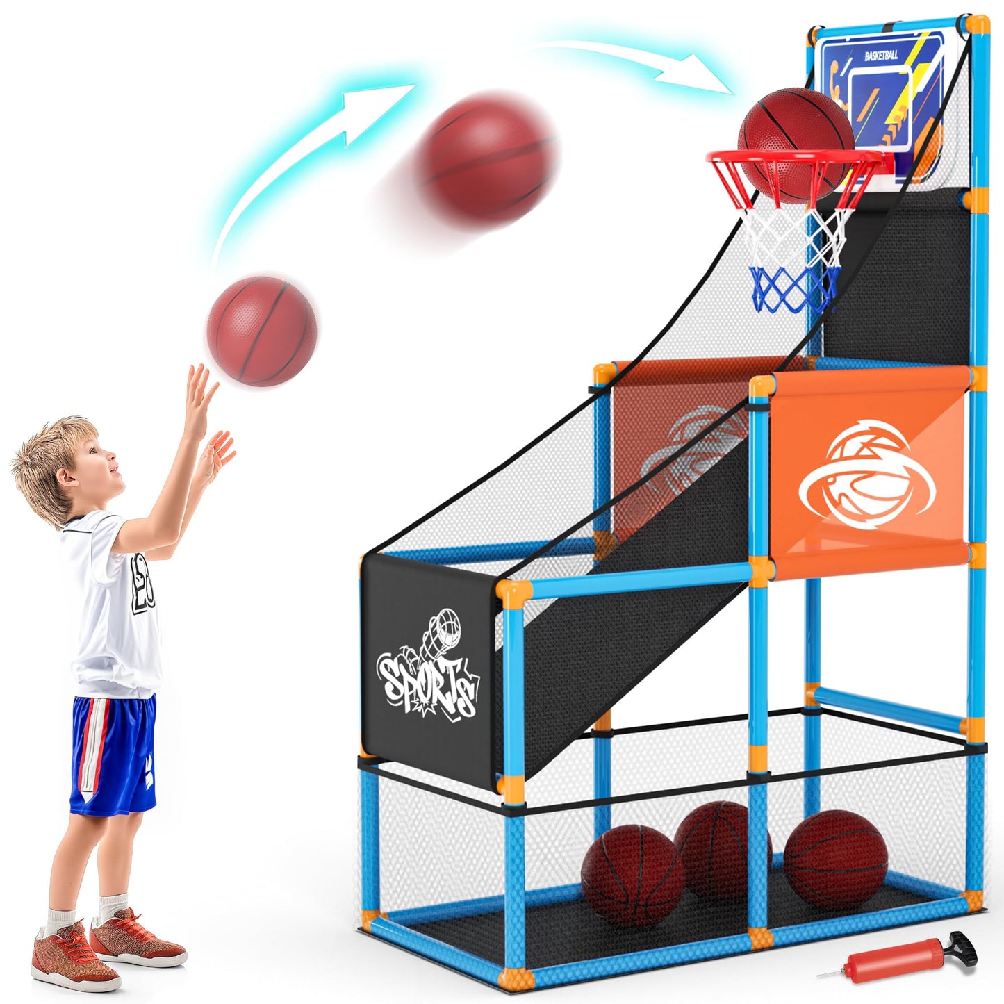 Handwell Arcade Basketball Game Set — Indoor/Outdoor Kids Hoop, 4 Balls, Adjustable Height