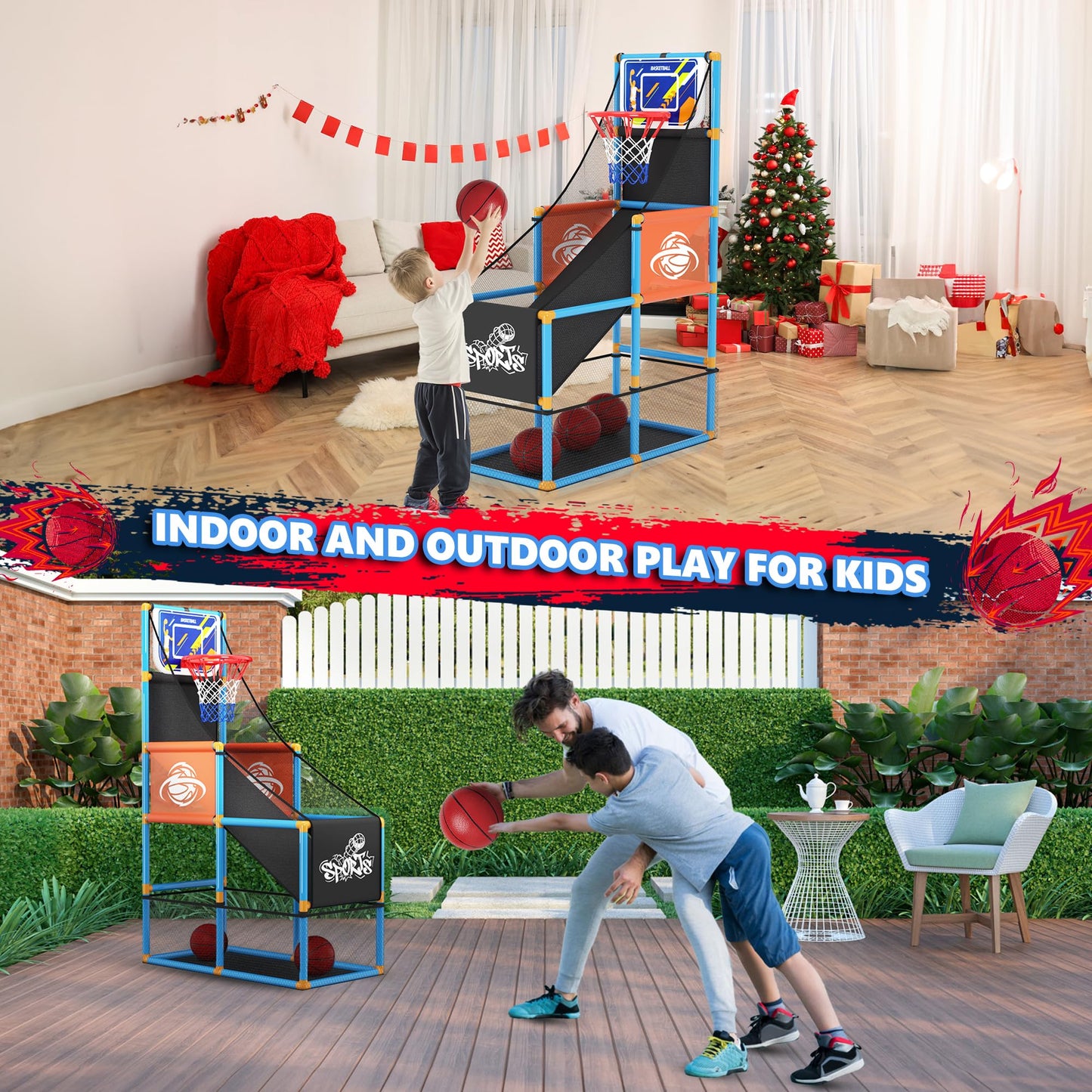 Handwell Arcade Basketball Game Set — Indoor/Outdoor Kids Hoop, 4 Balls, Adjustable Height