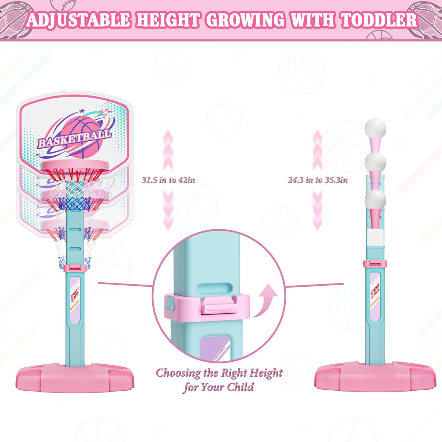 Handwell 3-in-1 Basketball Hoop and Tee Ball Set for Girls – Adjustable Height, Indoor & Outdoor Play