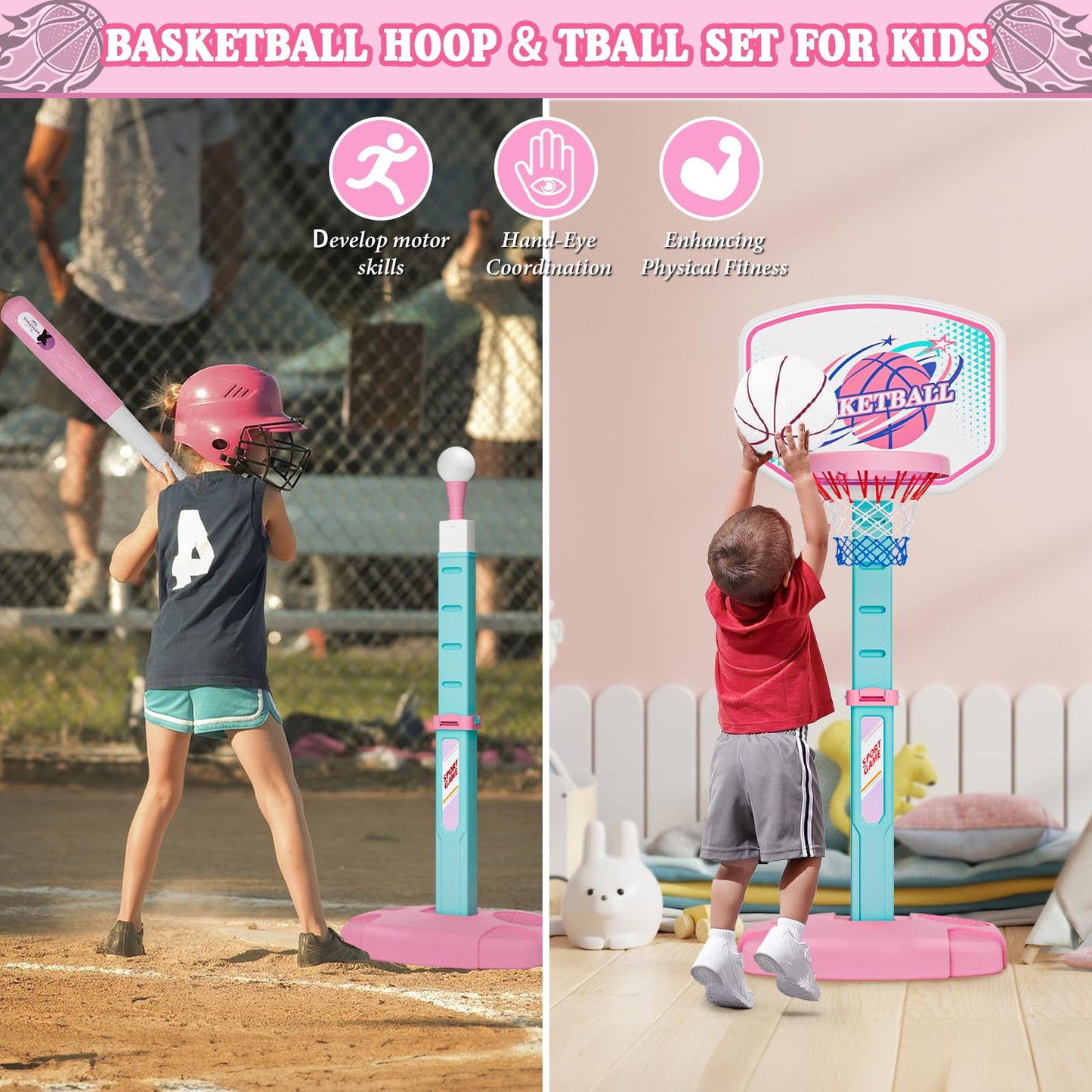 Handwell 3-in-1 Basketball Hoop and Tee Ball Set for Girls – Adjustable Height, Indoor & Outdoor Play