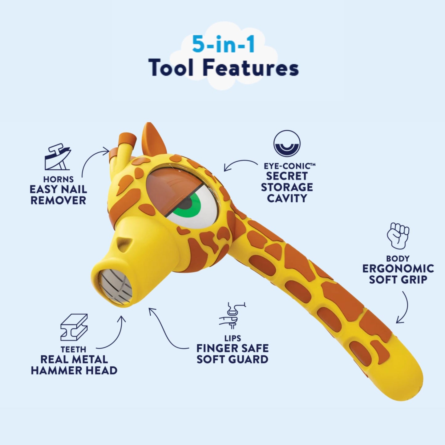 Handy Famm Real Metal Yellow Giraffe Hammer for Kids – Safe Mouth Sleeve & Nail Remover