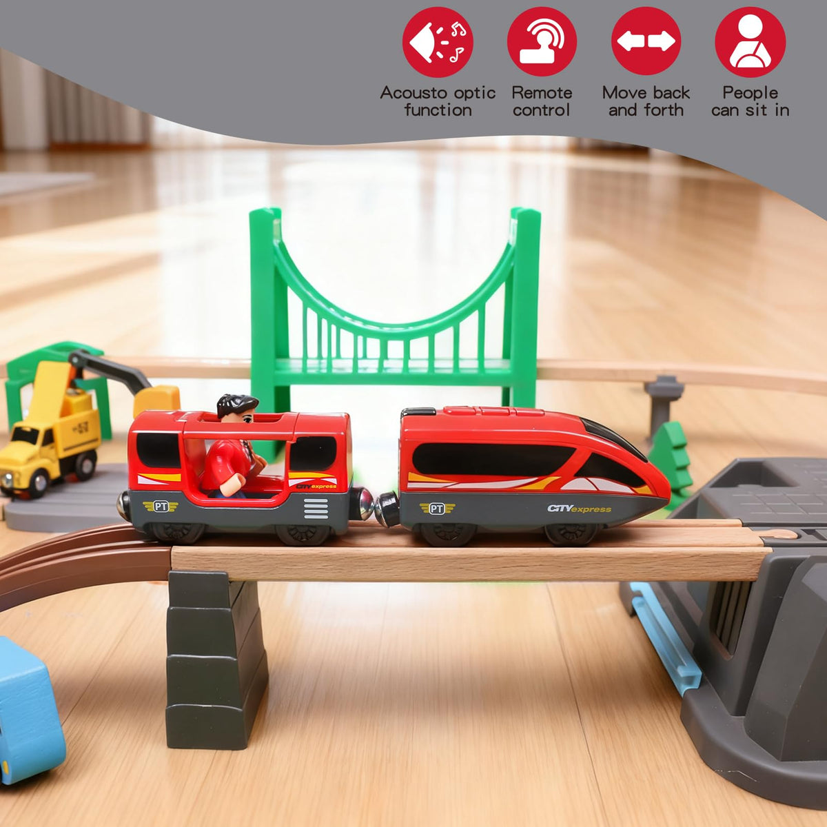 Hanqiann Battery-Operated Train for Wooden Tracks – Remote Control Locomotive with Lights