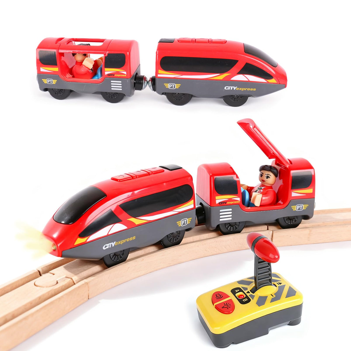 Hanqiann Battery-Operated Train for Wooden Tracks – Remote Control Locomotive with Lights
