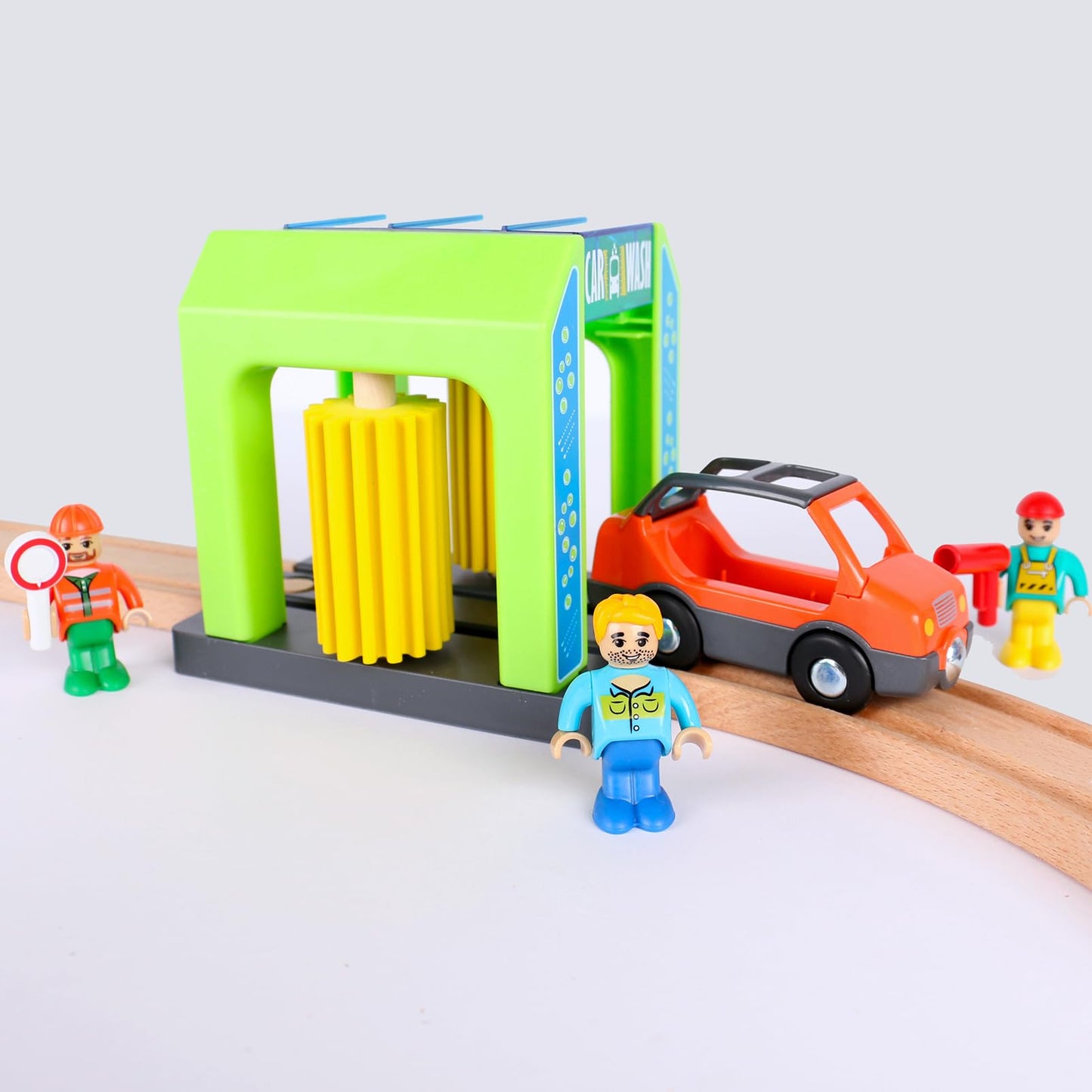 HANQIANN Car Wash Station Playset for Wooden Train Track – Creative Pretend Play Toy