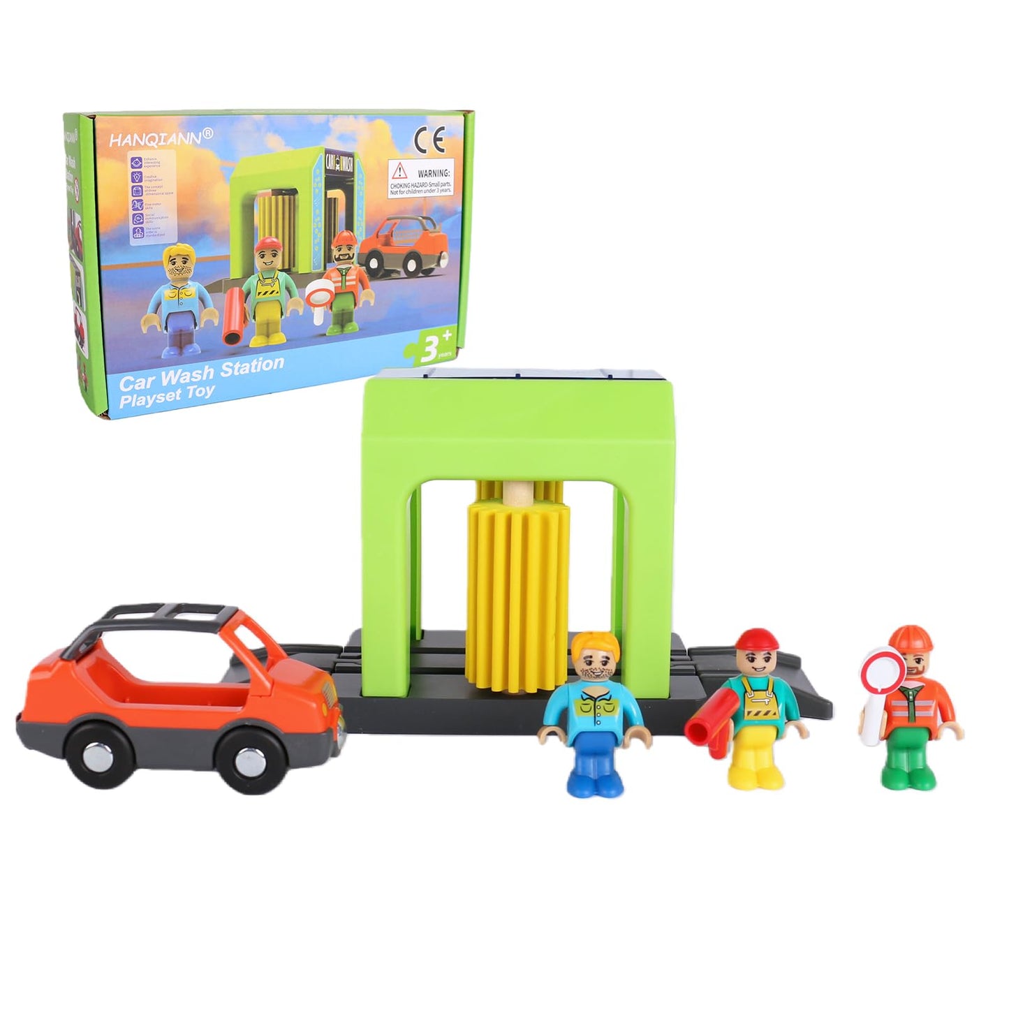 HANQIANN Car Wash Station Playset for Wooden Train Track – Creative Pretend Play Toy