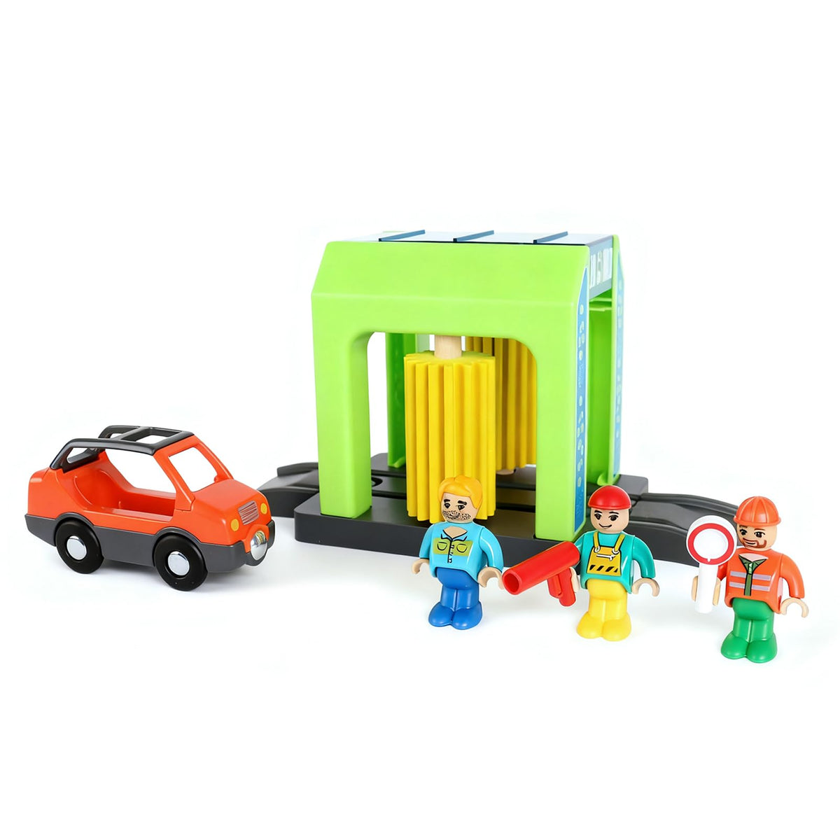 HANQIANN Car Wash Station Playset for Wooden Train Track – Creative Pretend Play Toy