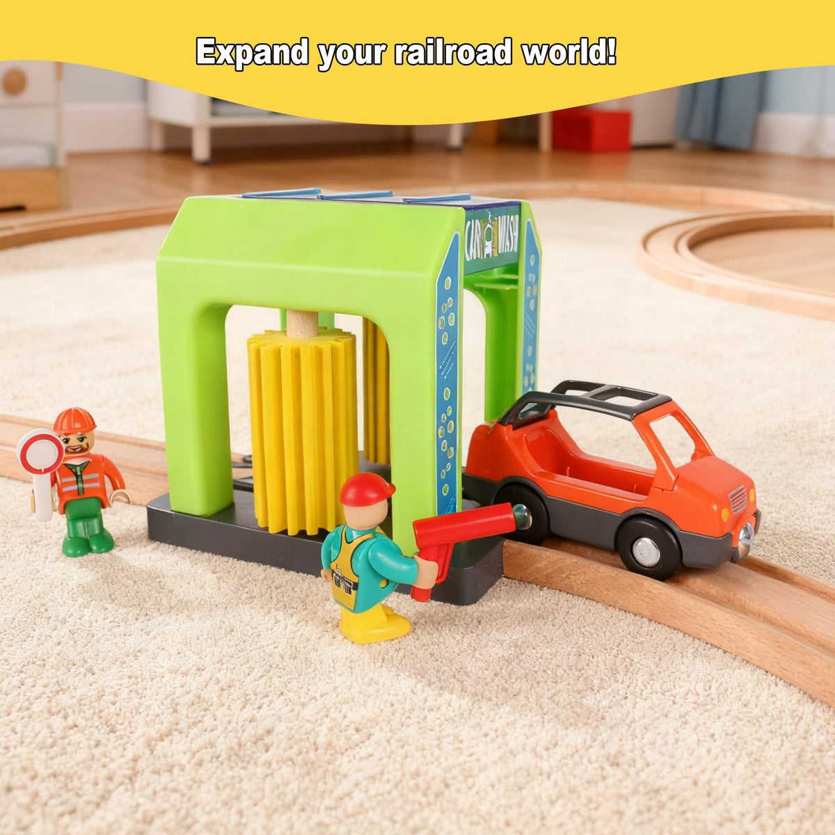 HANQIANN Car Wash Station Playset for Wooden Train Track – Creative Pretend Play Toy