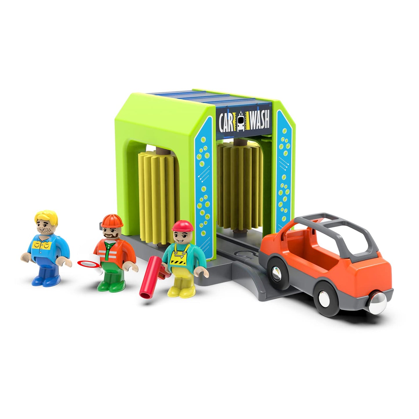 HANQIANN Car Wash Station Playset for Wooden Train Track – Creative Pretend Play Toy
