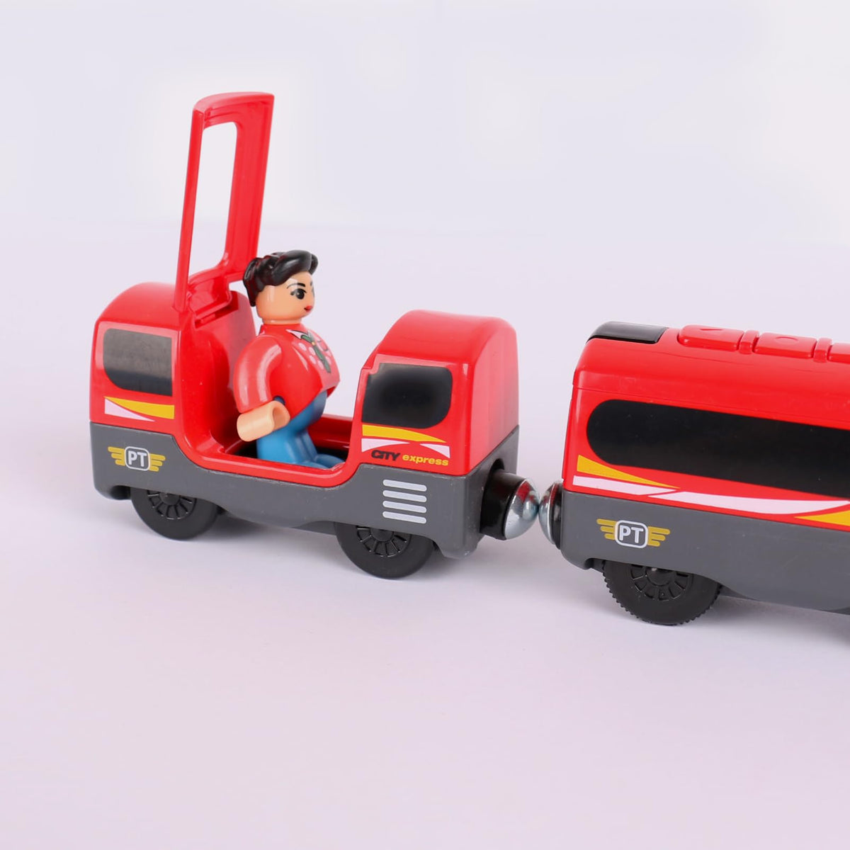 Hanqiann Battery-Operated Train for Wooden Tracks – Remote Control Locomotive with Lights